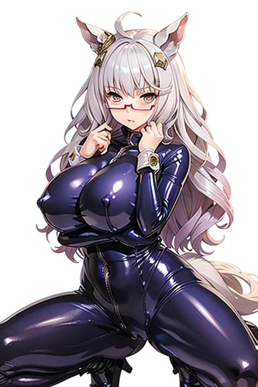 biwa hayahide \(umamusume\), under rim glasses,  body, plump, curvy, big tits, sexy, hip up, Crouching, spread legs, glossy latex suit, (((Transparent latex suit))), (((Transparent latex suit)))