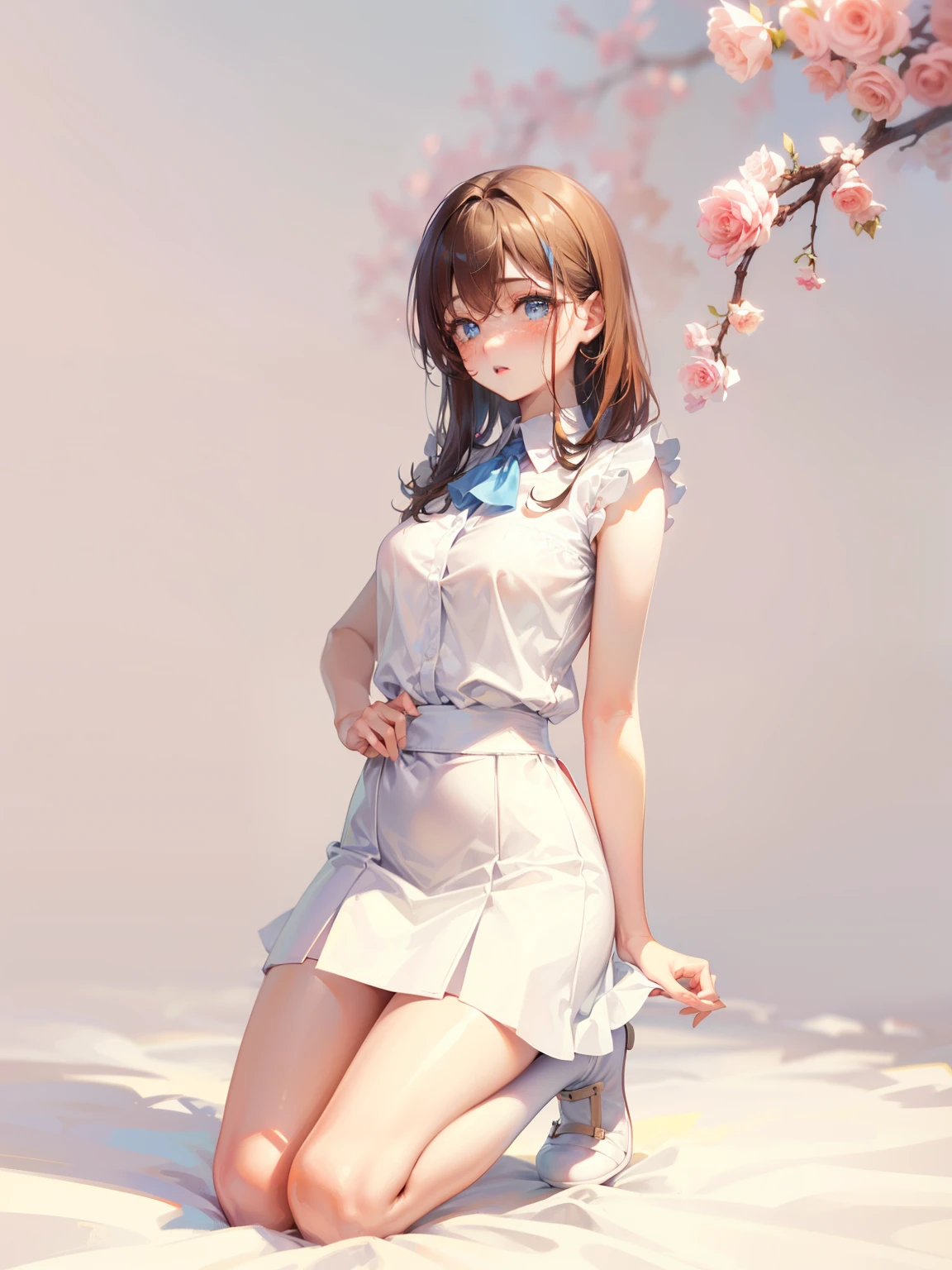 Dynamic posing, dynamic angle, Arrange pose,Top quality work,Show Legs, ((wavy hair, pale skin, long light ginger hair),((light blue eyes)), freckles, , Rose cheeks, Pretty cute Face, A perfectly proportioned face, wearing top and skirt, white stockings,full-body view, amazing, Large round chest、Beautiful eye details、Beautiful eyelashes、beautiful double eyelid, with blush cheeks, shy, boobs basically popping out of the shirt