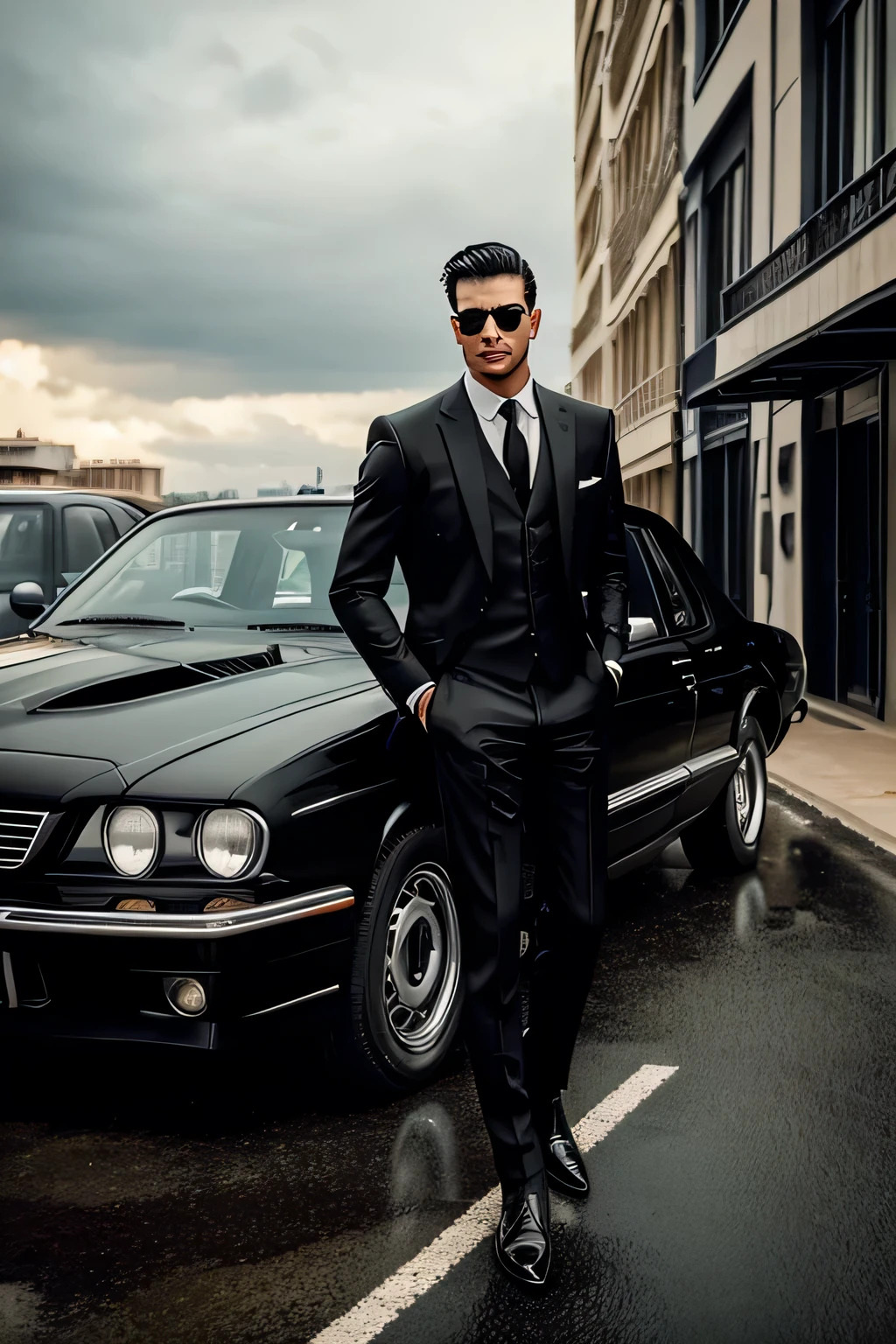 Tall stylish men in black suited with background.mafia cars and money rain on him