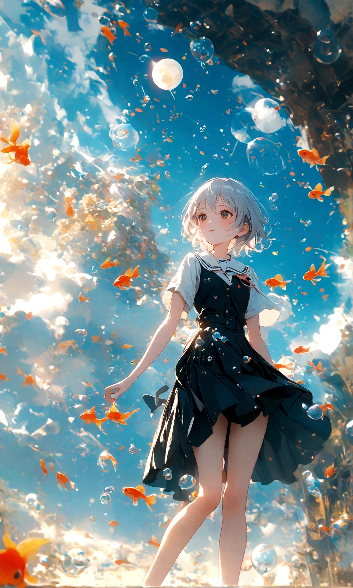 (woman\(student, , JK, Silver flowing short hair, Cosmic eyes, Black school uniform, Pale skin, Tired face，Eyes without luster\) look up to the sky), (Many goldfish swimming in the air), Beautiful sky, Beautiful clouds, In summer，Colorful flowers blooming everywhere, (Crystal clear bubbles sparkle in the sky), There is a midday moon and a midday star in the sky, woman is at messy downtown, rest ,quality\(8K,極為細緻的CG單元wallpaper, masterpiece,High resolution,top-quality,top-quality real texture skin,Surrealism,Improve resolution,RAW photos,Best quality,Very detailed,wallpaper,movie lighting,Ray Tracing,Golden Ratio\),(long shot),Wide-angle lens,