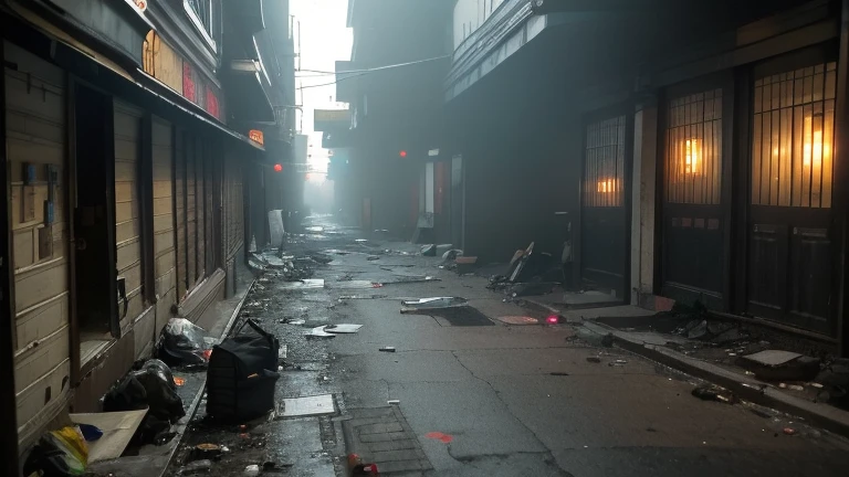 a desolate alley in chinatown, abandoned, littered with trash, gritty urban decay, moody lighting, cinematic composition, (best quality,4k,8k,highres,masterpiece:1.2),ultra-detailed,(realistic,photorealistic,photo-realistic:1.37),dramatic shadows, moody atmosphere, abandoned city, dilapidated buildings, grime and grit, crumbling infrastructure, empty streets, sense of isolation, urban exploration, cinematic perspective