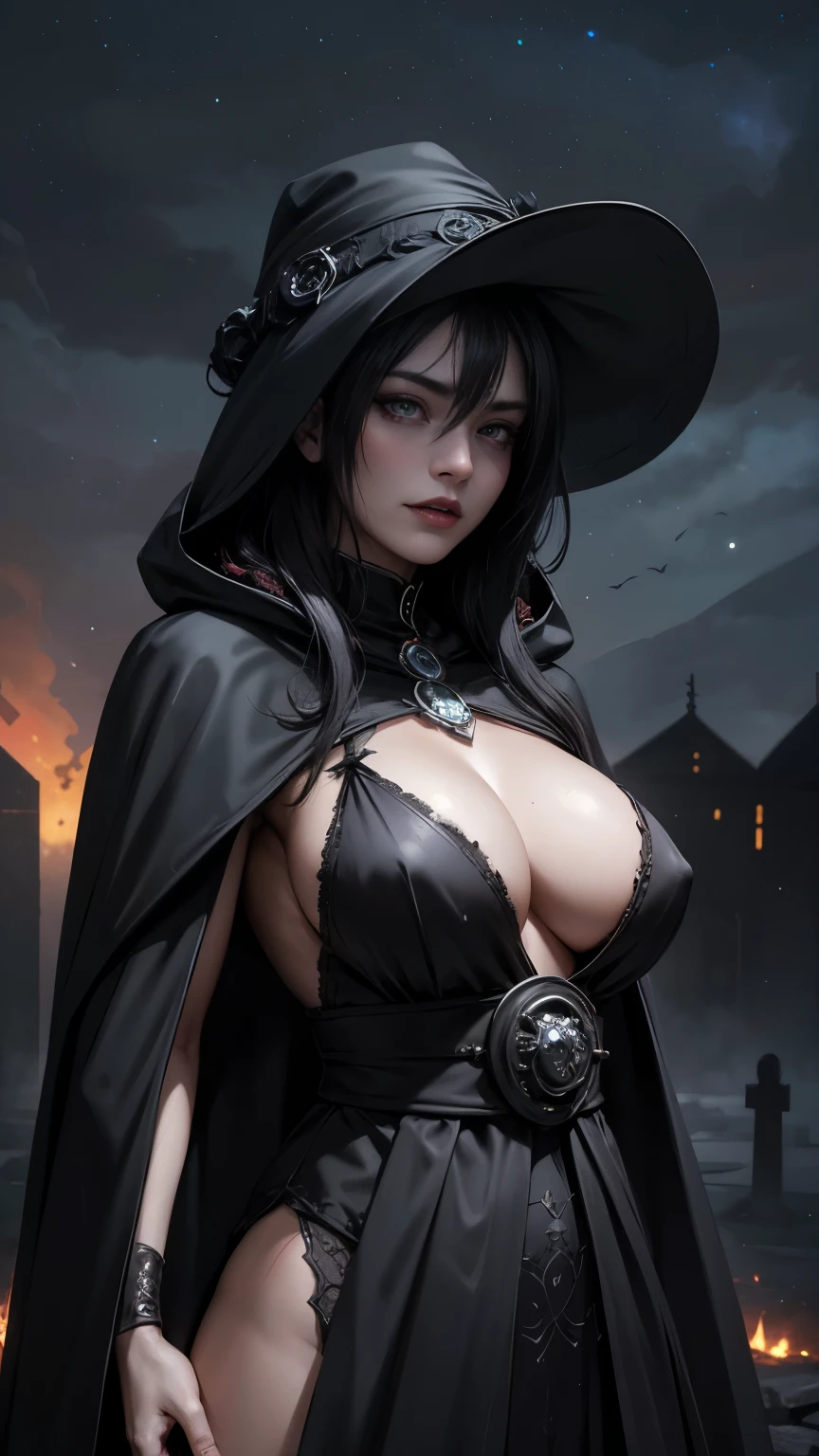 (Fatal Beauty,A charming villain,witch) ,(A supple and powerful physique),(Sensual charm),(Mysterious charm:1.1),(Captivating silhouette),(highest quality,High resolution:1.2),(dark,Threatening:1.1),((dark horror theme:1.5),(Thriller:1.5)),(Dark fantasy:1.5),  (((Countless stars fly away:1.5),(Absurd:1.5),(wonderful:1.5))),Woman in red Dress, (Powerful numbers:1.1),(((Big Breasts))),(((Fiery crown:1.1))),prime color,Urban,Very detailed,masterpiece,Intricate details,Faded,Very detailed, Eye on the details,Intricate details,暗くてSpooky atmosphere,  spiritual being, Unforgettably beautiful, Ghostly figures, Shadow-like shape, Spooky whispers, Ominous Aura, Goth Maiden, Very darkHer eyes, Like dazzling fur in a starless haze,Her Mogul Snaps, Mysterious Cemetery,Black hair swaying in the moonlight, She summons darkness, (beautiful: 1.7), (Black Hat: 1.6), (An intricately decorated jet-black cloak: 1.6), (Delicately decorated cloak, Despite being damaged: 1.5), Hypermaximalist,  Breathtaking oil paintings, Surreal, Ultra-realistic digital illustrations that mimic the style of oil paintings, Seamlessly blending the psychedelic visionary art of Alex Grey with the physical-mechanical aesthetic of H.R. Giger. wonderful構成,  (Shining Eyes:1.6)、(Glowing Eyes:1.1),(hellish landscape:1.1),(fire,sulfur:1.1),(Threatening atmosphere:1.1),(dark shadows,Threatening presence:1.1),(Unlucky Clouds,Stormy Skies:1.1),(dark,Spooky atmosphere:1.1),(Aura of misfortune,Evil energy:1.1),(dark aura,cigarette:1.1),(Extreme heat,Burning Flames:1.1),(Nightmare Visions:1.1),(Predicting the end:1.1),(Whispers of misfortune,Devilish Laugh:1.1),(Cries of pain,echoing screams:1.1),(Bad luck symbol,Ancient runes:1.1),(Mysterious Relic,dark art ifacts:1.1),(Infernal Ritual,Ritual sacrifice:1.1),(Eternal Ruin,A hopeless existence:1.1),  Inspired by abandoned mech backgrounds. Art created by Craig Mullins, Necrostyle., Detailed Description, Futuristic sci-fi scene. Focus on SFCon