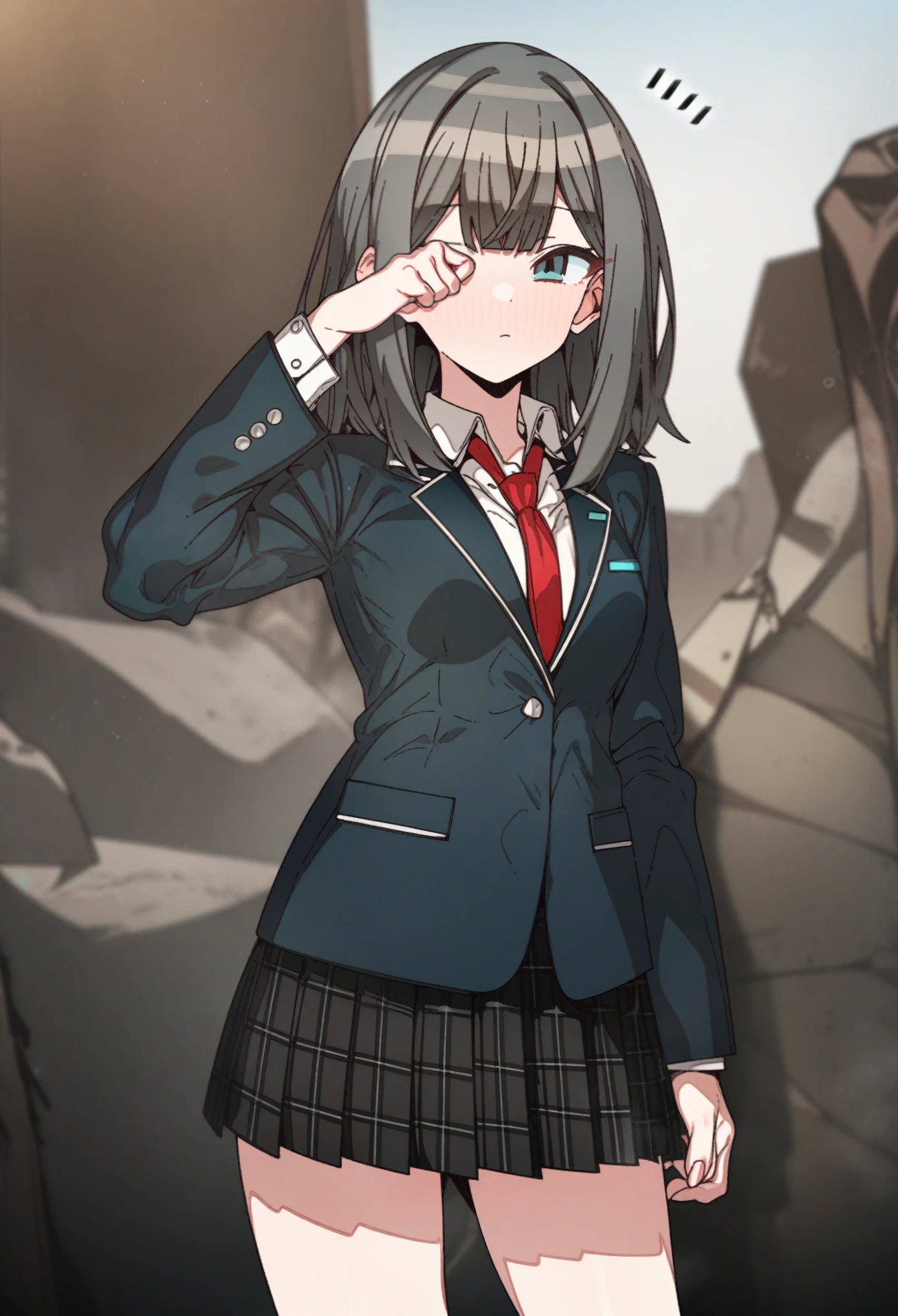 shiroko (blue archive) with brown hair and brown eyes, Artist, erere, Copyrights, idolmaster, idolmaster_shiny_colors, Character, General, 1girl, brown_hair, blunt_bangs, blush, medium_breasts, breasts, detailed eyelashes, beatiful girl:1, brown_eyes, censored, school_uniform, skirt, black pleated skirt:0.7, black blazer:0.5, white shirt, red tie, twin_braids, :|:0.5, (full_body) (standing in middle, beach, rocks), sky:0.7, half-closed_eyes, detailed, sand, outdoors, looking_at_viewer, masterpiece, best_quality, great_quality, girl, solo, center_composition, centered character, cute, rubbing_eyes, sleepy
