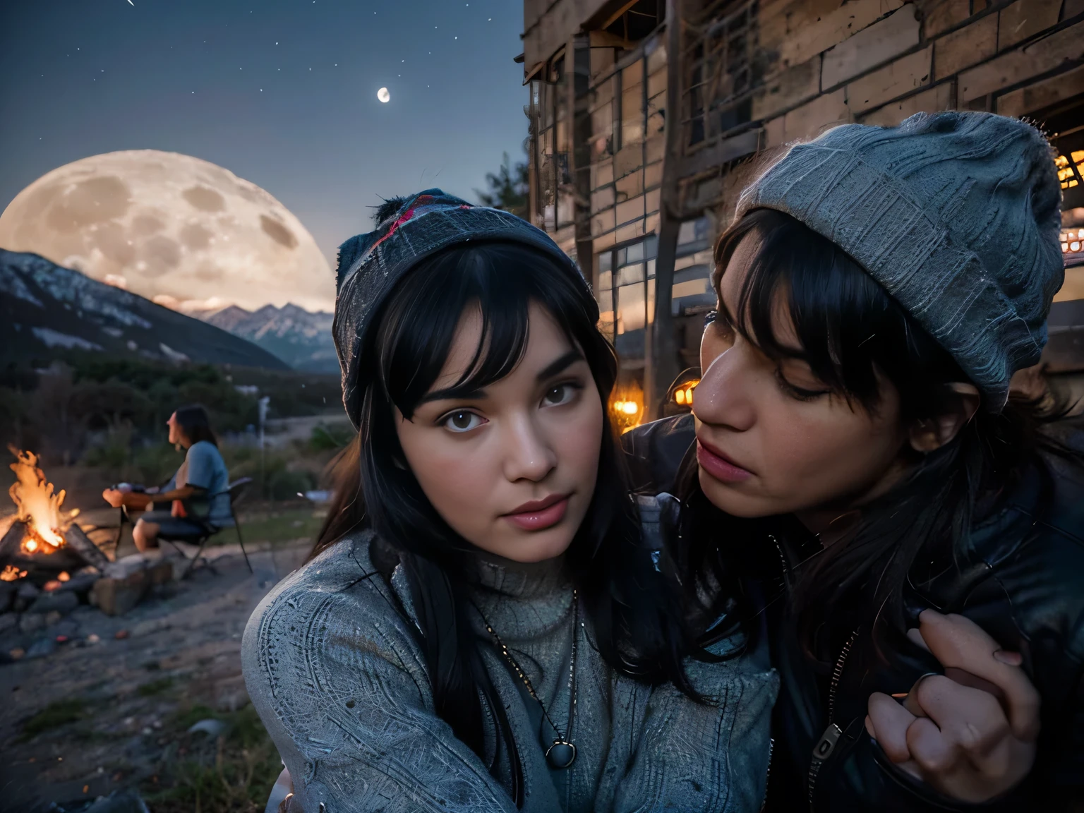 a photo of several people, with Bettie Page, young man with knitted hat in the mountains, wearing gray sweater, leather clothing, cold and tight leather pants, , accompanied by 3 young people,(( they are making love each other)) , finally it's teh moment of sex, group of young people around a campfire, group sex, SBDN group of people, outdoors, (night), mountains, nature, (stars, moon), dynamic, stylish, emotional faces, travel, clear facial features, 35 mm lenses , Decorative lighting, global illumination, night photography, false lighting, false lighting