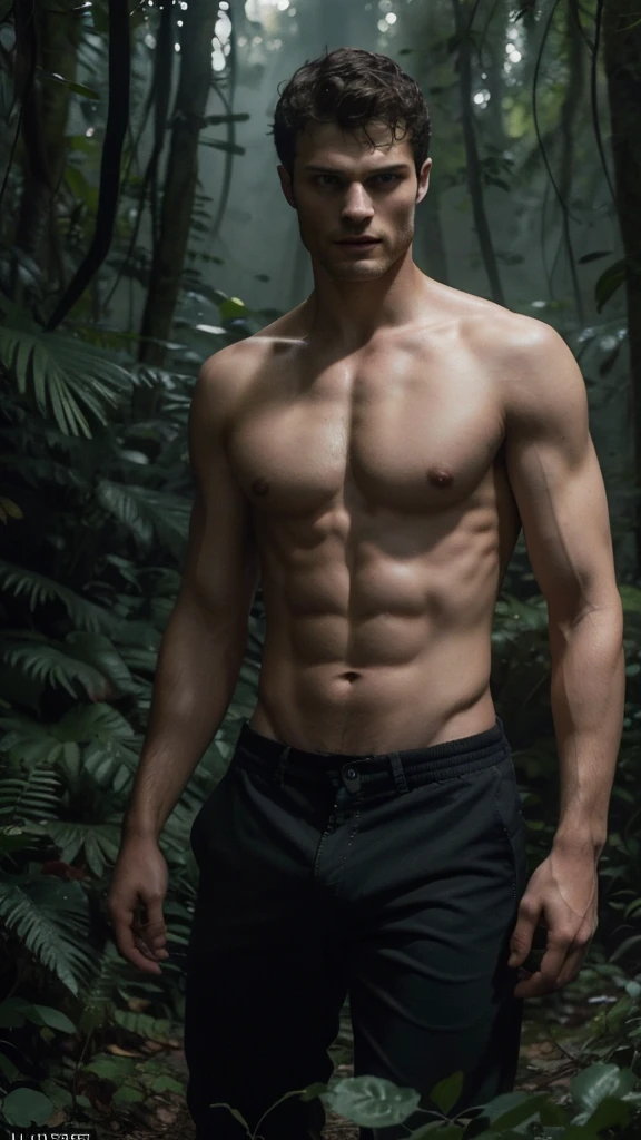 A shirtless Jamie Dornan in a lush forest, natural lighting, cinematic composition, editorial fashion, Vogue magazine cover, detailed face and physique, moody colors, dramatic shadows, high fashion, glamour, elegant pose, masculine beauty