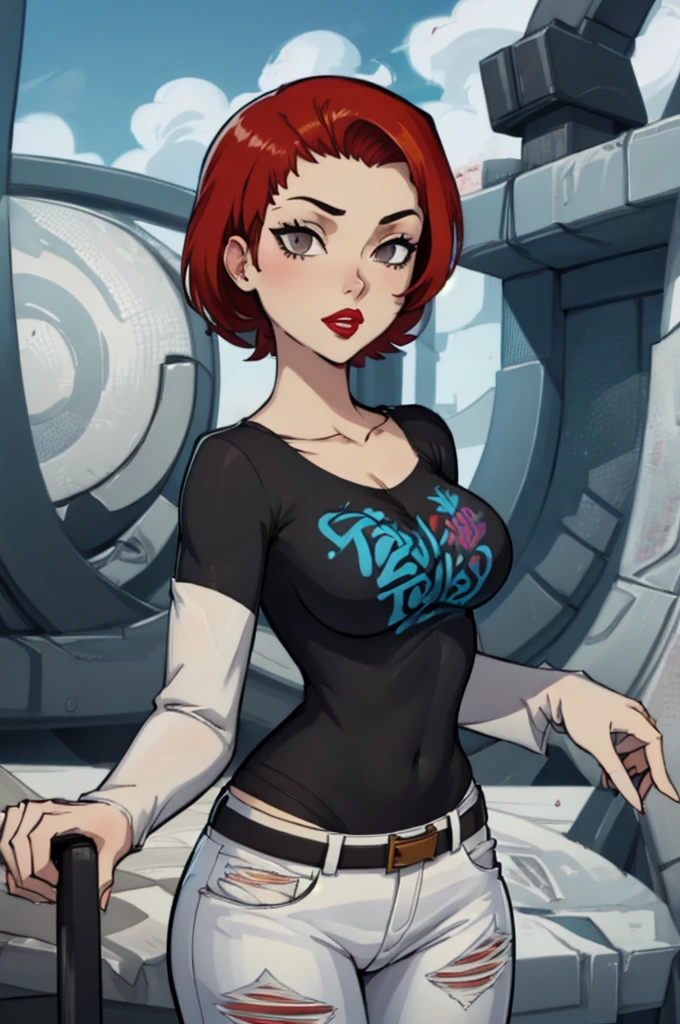 Zoey_Total_Drama, red hair, 1girl, solo, standing, black t-shirt, white shirt, blue jeans, belt, lipstick, large breasts