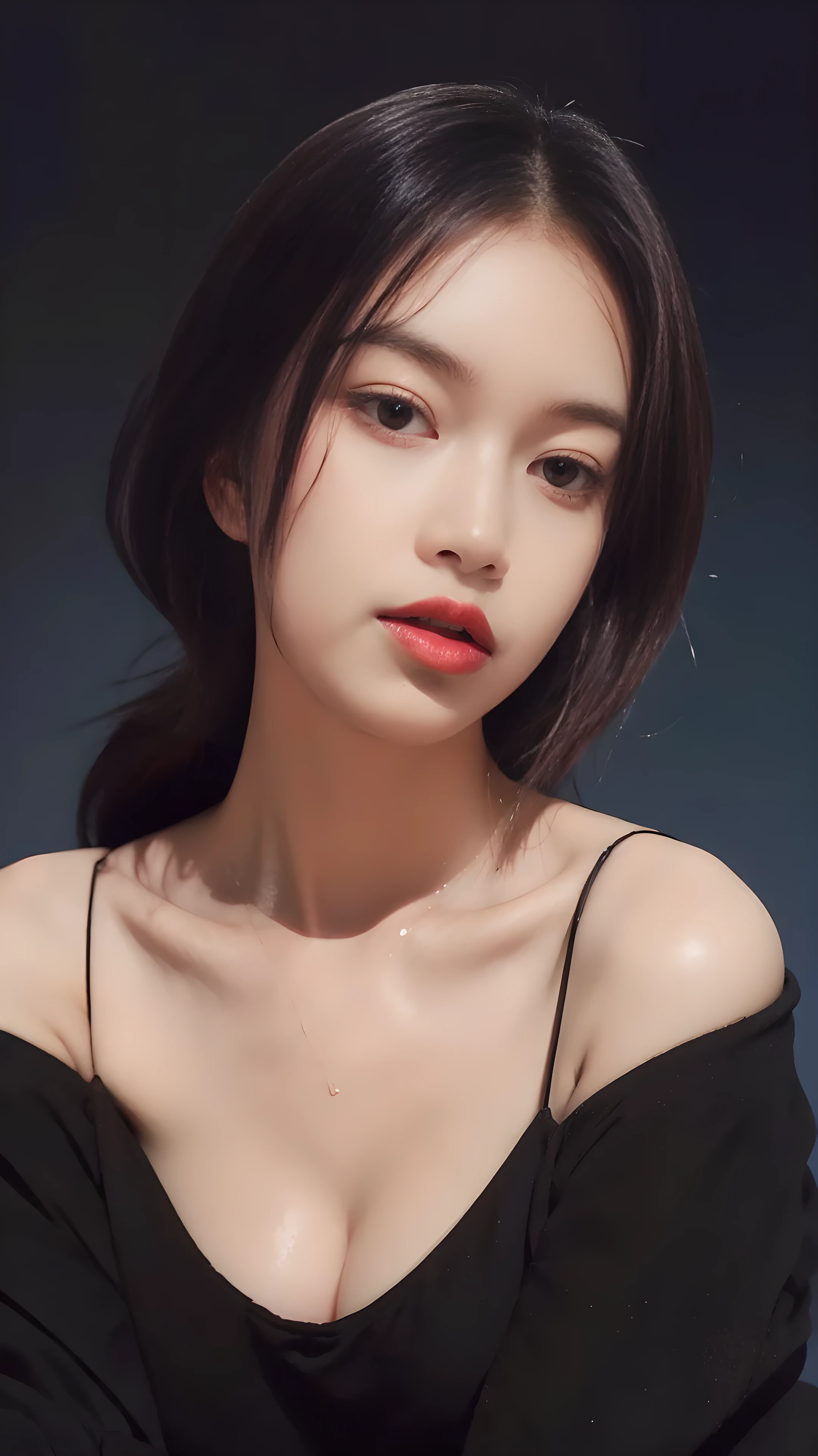 ultra high res,masterpiece,best quality, perfect glossy shiny skins, perfect lighting, detailed lighting, dramatic shadows, ray tracing, 1girl, black sweater, looking at viewer, off shoulder, Big breasts, Exposed cleavage, blue Eyes, sharp face, sharp eyes, long bangs, short cut hair, nsfw, Moles under the eyes, Mole on the mouth, ((Dark background)), oversized hoodie, Wearing a black hoodie, Wearing an ugly black hood, wet (sweaty, soaking wet),