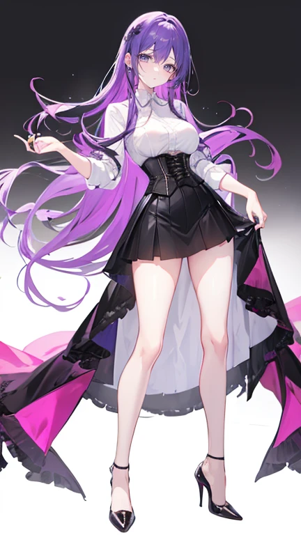 Purple Hair,Long Hair,Adult female,White Y-shirt,((Roll up her sleeves)),(corset),(Black tight skirt),(High heels),((Simple white background)),smile,((full body)),((whole body)),