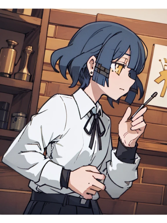 best quality, masterpiece, mackerel, alone, {Yamada_that_Bocce the Rock:1.15}, blue_hair, short_hair, forehead, mole_Under_eye, mole, yellow_eyes, hair_decoration, closed_mouth, hairclip, 1 woman, collared_shirt, earring, layered_Sleeve, long_Sleeve, shirt, short_~ over_long_Sleeve, short_Sleeve, High_body, White_shirt, Black color_ribbon, Black color_shirt, ~at_side, bijouterie, neck_ribbon, profile, ribbon