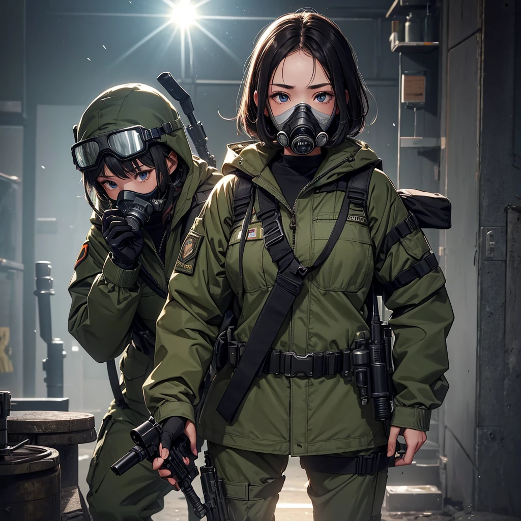 Three female soldiers、Gas Mask、Goggles、Wearing M-51 military windbreaker、Individual equipment set、Fight with a gun、Write details、masterpiece、best quality、Highly detailed CG、8K picture quality、theater lighting、lens flare
