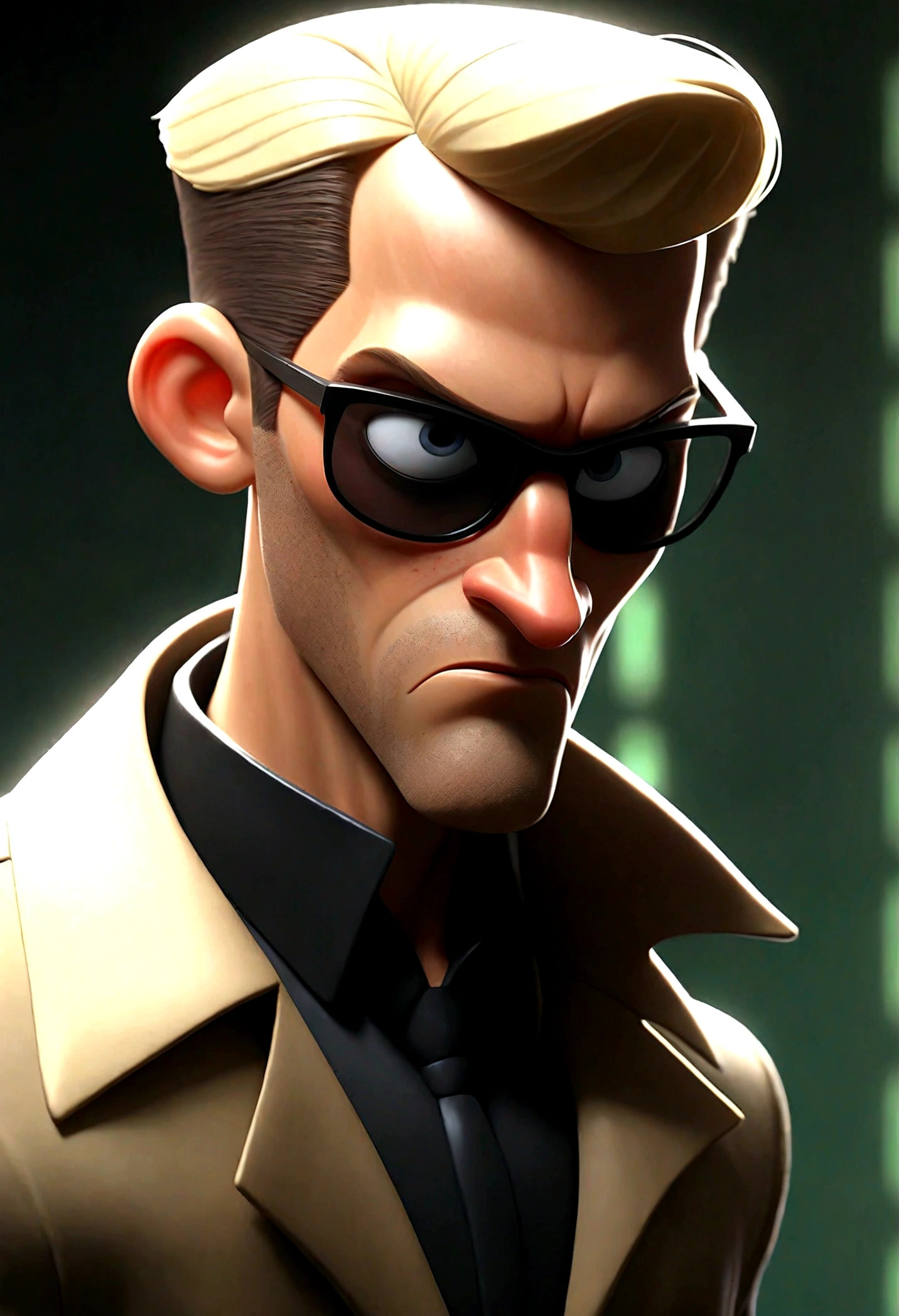 ((best quality)), ((masterpiece)), (detailed) fan art of evil blond man (Guy Pearce) in a pitch black suit emerging from the shadows, blond ((Guy Pearce)) stepping into the light towards the camera, Guy Pearce, the matrix (1999), square sunglasses, night, 80mm, ((western animation)), (Albert Wesker), (short hair), (extreme closeup)