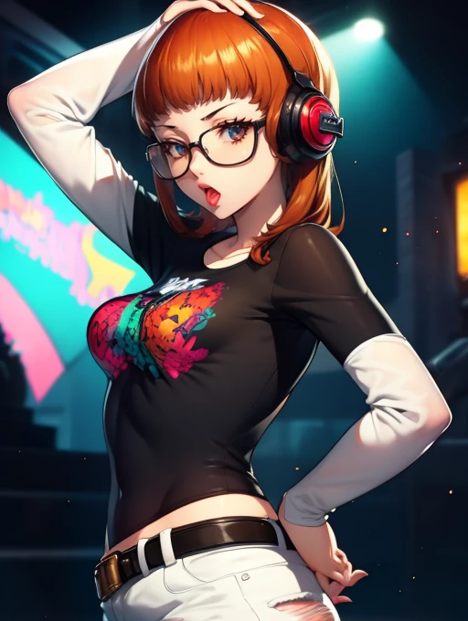 Futaba Sakura (Persona), orange hair,earrings ,lipstick, eye shadow, makeup, 1girl, solo, black t-shirt, white shirt, blue jeans, belt, lipstick, large breasts, layered sleeves, sexy pose, holding a microphone, singing, stage background, headphones, glasses