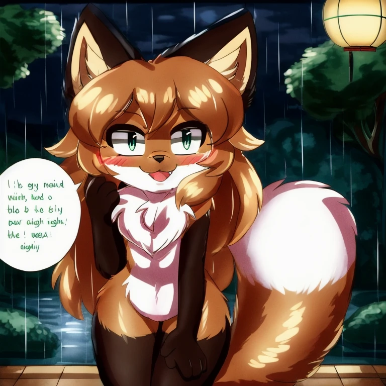 Nervous smiling, uploaded the e621, beautiful and detailed, woman (((female))) ((anthro)) Fox, (Averi, Fox girl), cinematic lighting, Fox, (anthro, fluffy fur, character focus:1.1), 1girl, anthro fox girl, body fur, curvy, sexy, nice, cute, hot, comfortable anime-style cartoon-style, digital drawing, SFW, flat chest, at a park, rainy, night, windy, umbrella, wet fur, hair swept by win