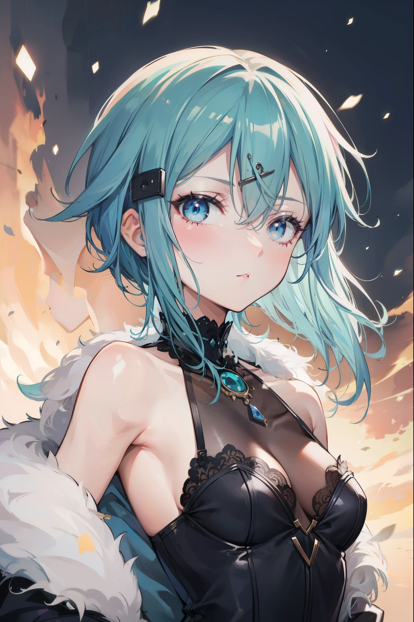 deep skin,textured skin,shinoasada, sinon, blue eyes, blue hair, hair ornament, hair between eyes, hairclip, short hair, sidelocks, (small :1.2), 
BREAK black dress, dress, fur coat, high collar, jewelry, necklace, off shoulder, taut clothes, taut dress,
BREAK outdoors,
BREAK looking at viewer,
BREAK (masterpiece:1.2), best quality, high resolution, unity 8k wallpaper, (illustration:0.8), (beautiful detailed eyes:1.6), extremely detailed face, perfect lighting, extremely detailed CG, (perfect hands, perfect ),