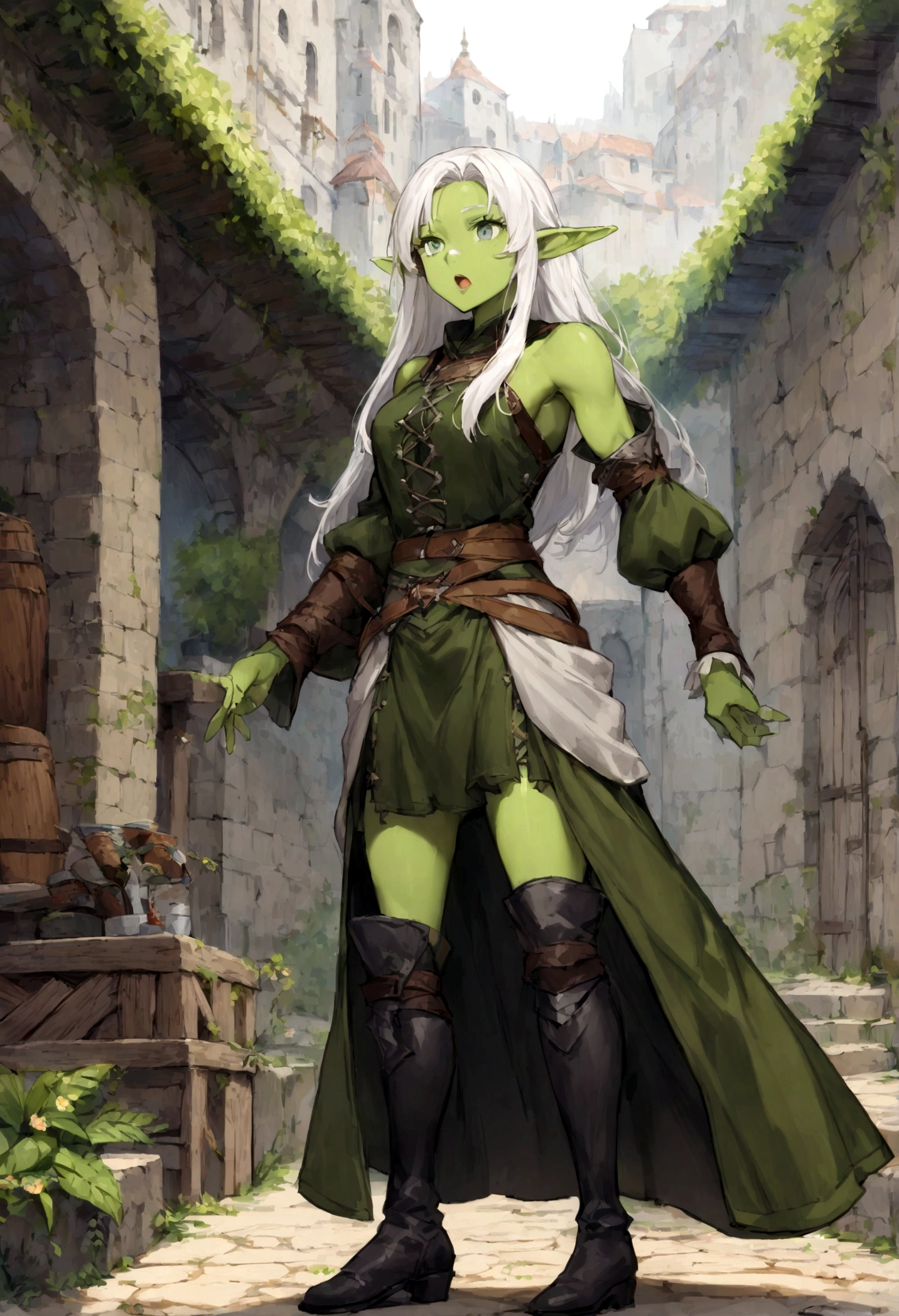 Elf, green skin, female, fantasy look, rpg character, medieval fantasy, white hair, green eyes, 1.90 height, muscular, full-body shot, black boots, ((full-body)), leather tunic, ((fantasy outfits)), ((deep green skin)) ((open mouth)), ((high quality))