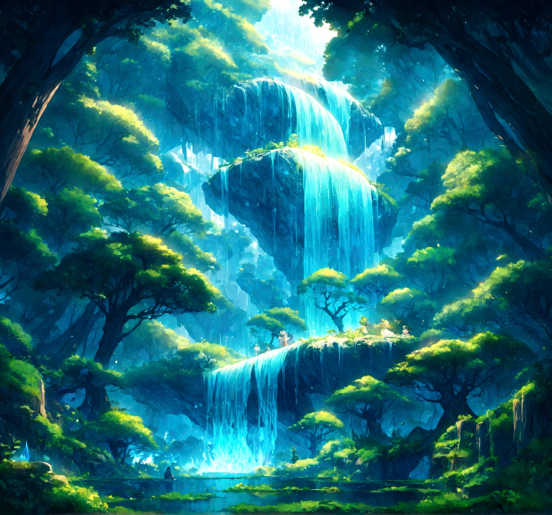Imagine a world with endless verdant forests., Giant trees々teeth、Decorated with bioluminescent leaves that emit a soft glow。, otherworldly brilliance. far away, A huge waterfall cascades down from the floating island, Crystal clear water,Sparkling like liquid diamonds. 上の空teeth魅惑的な深い紫のブレンドです, pink, and golds, Two moons hanging. Strange, A rainbow-colored creature with stained glass wings flying in the sky, 後にteethきらめく塵の跡が残る. この超現実的な風景にteeth魅惑と神秘の感覚が浸透しています, An invitation to explore and adventure. Explain the intricate details of this magical world.
