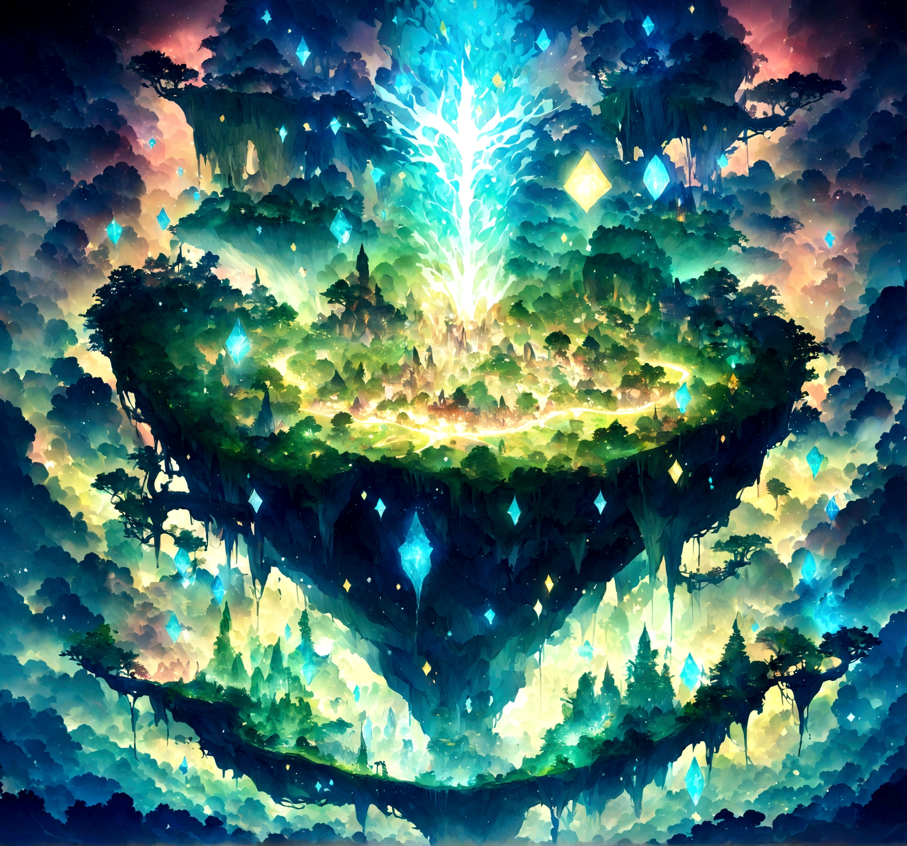 Imagine a world with endless verdant forests., Giant trees々teeth、Decorated with bioluminescent leaves that emit a soft glow。, otherworldly brilliance. far away, A huge waterfall cascades down from the floating island, Crystal clear water，Sparkling like liquid diamonds. 上の空teeth魅惑的な深い紫のブレンドです, pink, and golds, Two moons hanging. Strange, A rainbow-colored creature with stained glass wings flying in the sky, 後にteethきらめく塵の跡が残る. この超現実的な風景にteeth魅惑と神秘の感覚が浸透しています, An invitation to explore and adventure. Explain the intricate details of this magical world.