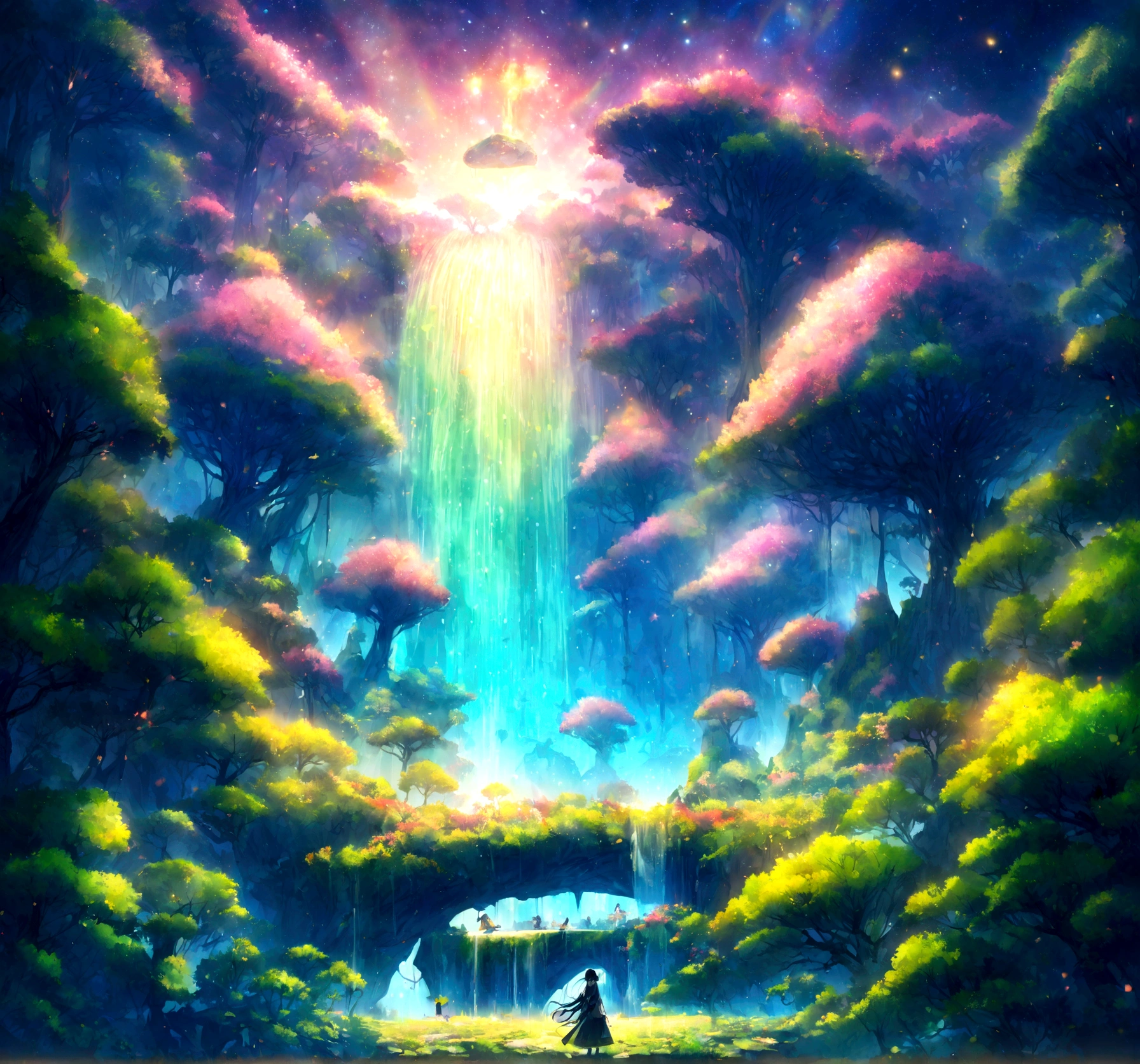 Imagine a world with endless verdant forests., Giant trees々teeth、Decorated with bioluminescent leaves that emit a soft glow。, otherworldly brilliance. far away, A huge waterfall cascades down from the floating island, Crystal clear water,Sparkling like liquid diamonds. 上の空teeth魅惑的な深い紫のブレンドです, pink, and golds, Two moons hanging. Strange, A rainbow-colored creature with stained glass wings flying in the sky, 後にteethきらめく塵の跡が残る. この超現実的な風景にteeth魅惑と神秘の感覚が浸透しています, An invitation to explore and adventure. Explain the intricate details of this magical world.