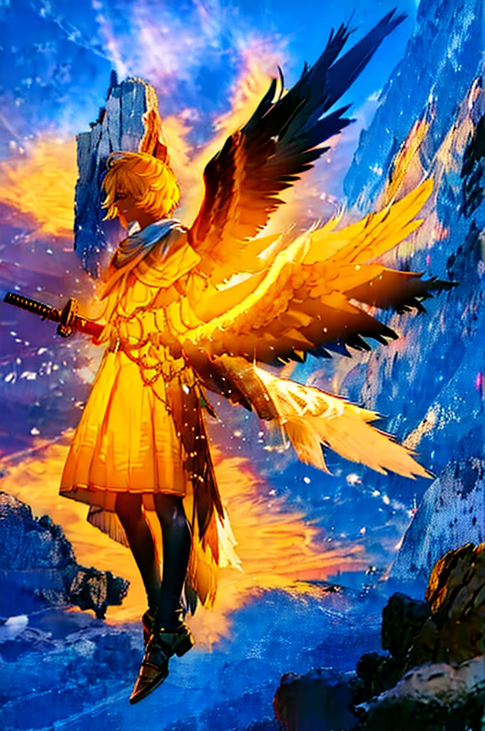 Homem, cabelo branco, olhos amarelos, roupa de um guerreiro extraterrestre,with eagle wings, sobrevoado uma cidade a noite