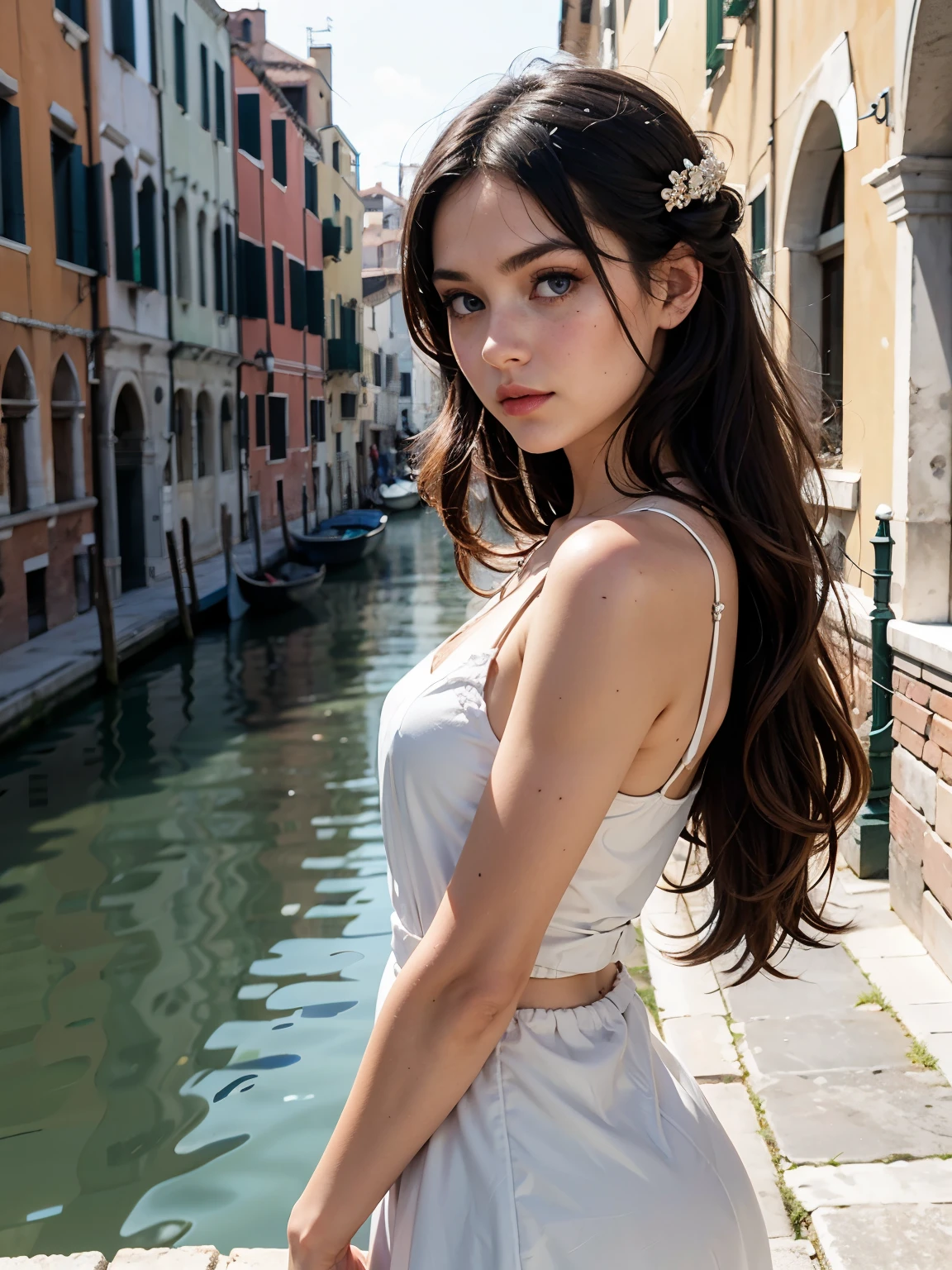 35mm film, solo, updo, makeup, blue eyes, small tits, (white dress), green skirt, looking at viewer, epiCPhoto,focus on face, close to viewer, intricate lines,  canals, bridges, venice, sharp magnificent details, delicate features, elaborate details, beautiful girl, black hair, (long hair) eighteen years old woman, ((upper body)) (Acne), ((natural lighting)) 