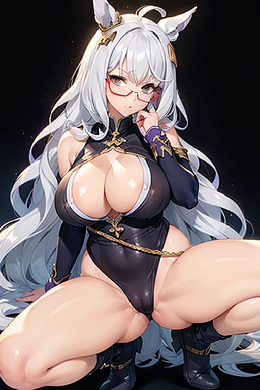 biwa hayahide \(umamusume\), under rim glasses, Sexy body, plump, curvy, big tits, sexypose, hip up, Crouching, spread legs