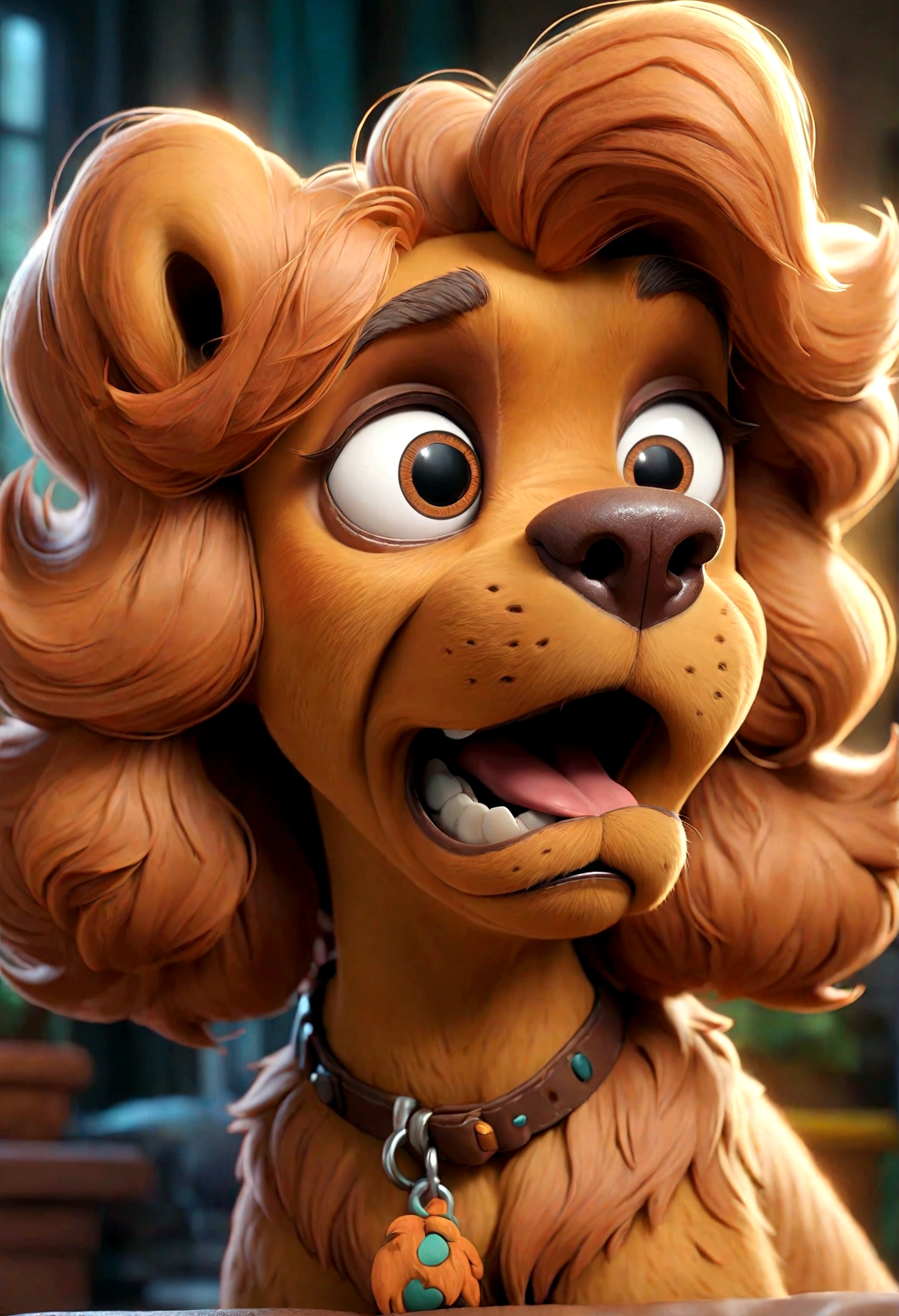 A scruffy, shaggy dog, Scooby Doo, 1girl, cartoon style, warm lighting, vibrant colors, cinematic composition, detailed fur, expressive eyes, cute expression, adventurous, (best quality,4k,8k,highres,masterpiece:1.2),ultra-detailed,(realistic,photorealistic,photo-realistic:1.37)