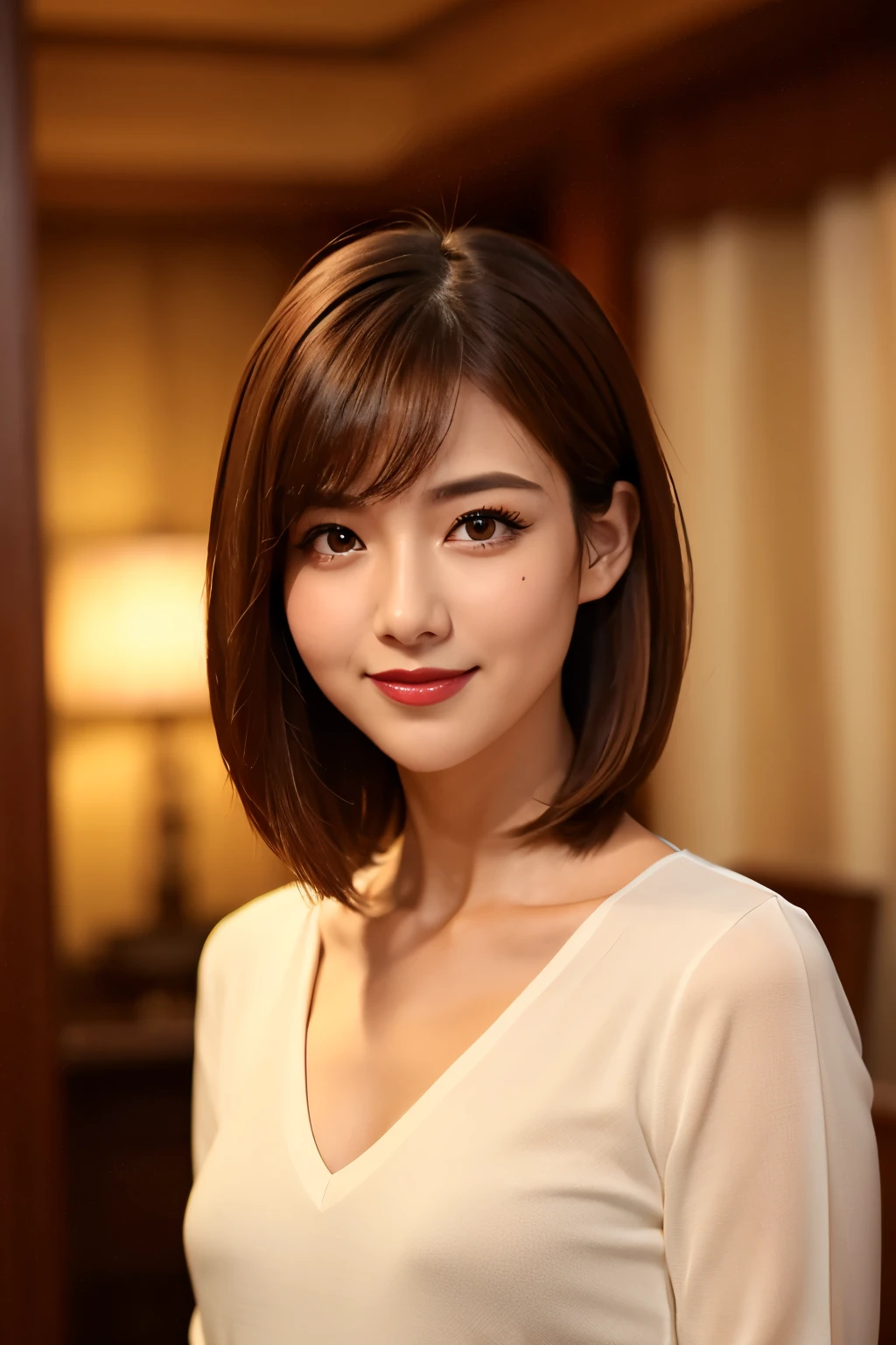highest quality. Tabletop, 8k, Best image quality, One Woman, Perfect V-neck long knit red sweater, Waist up upper body shot, (Look forward), Red eyeshadow, Perfect Makeup, Long eyelashes, Ultra HD Shining Eyes, Ultra HD Hair, Ultra High Resolution Glossy Lips, Ultra HD cute face, Brown Hair, Very short straight hair, Look at me and smile, clavicle, Accurate anatomy, Face close-up, Luxury Love Hotel, The most atmospheric and warm lighting, Blurred Background, (View your viewers)