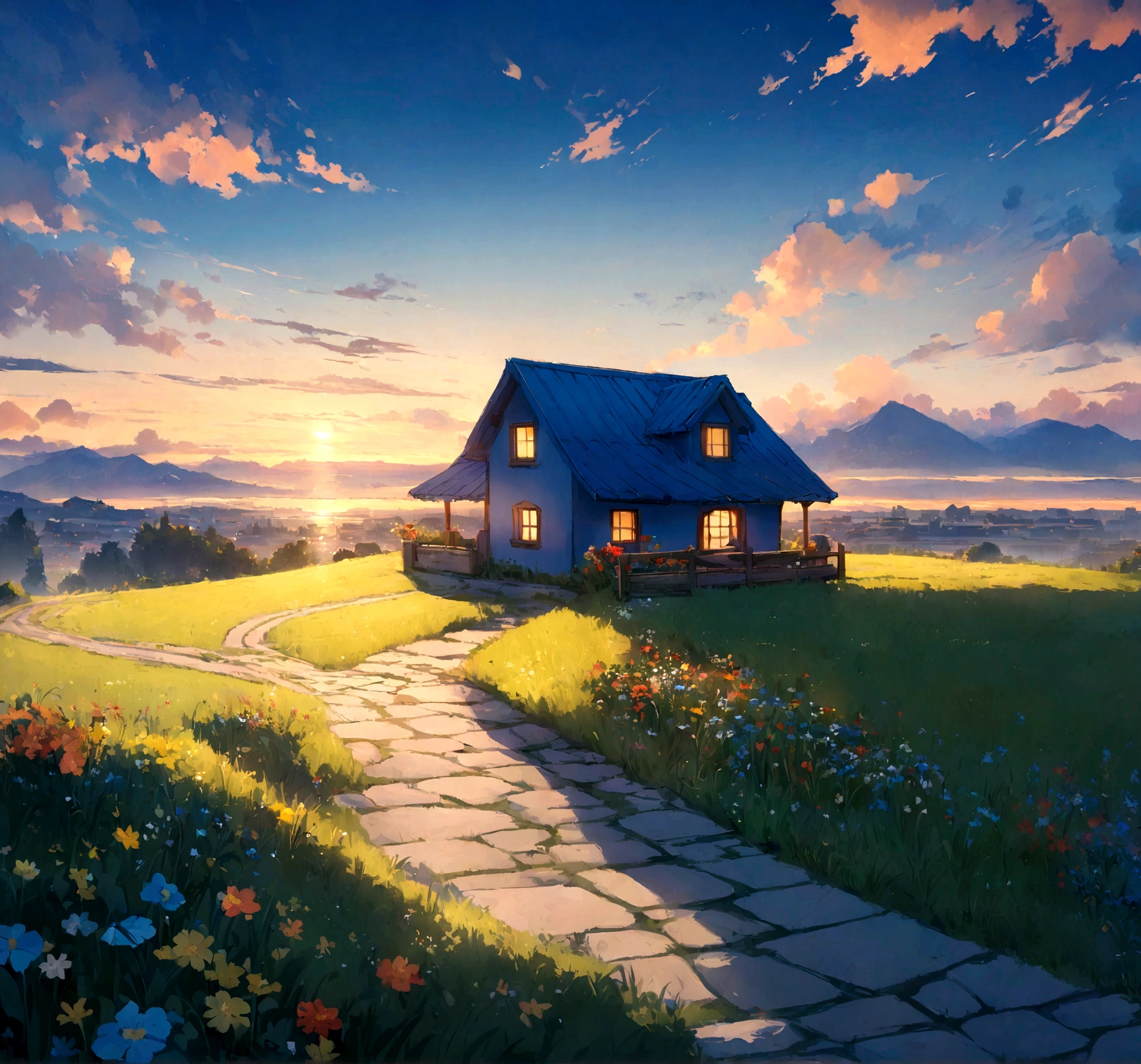 Blue house on the cliff,Blue roof,Green grass,Wildflowers are in full bloom, Evening sky with white clouds and well paved road