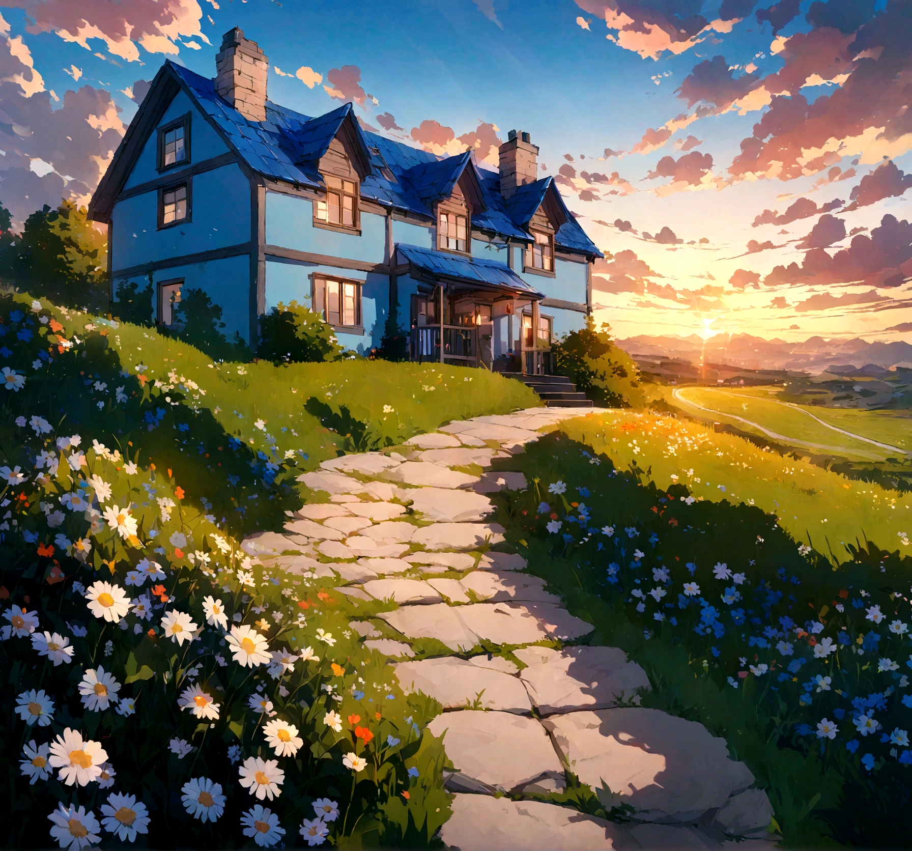 Blue house on the cliff，Blue roof，Green grass，Wildflowers are in full bloom, Evening sky with white clouds and well paved road
