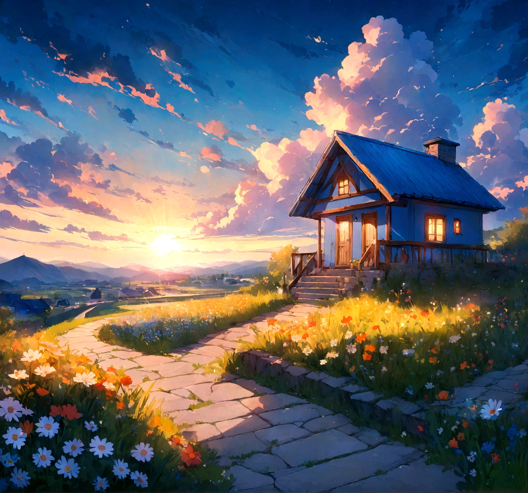 Blue house on the cliff,Blue roof,Green grass,Wildflowers are in full bloom, Evening sky with white clouds and well paved road