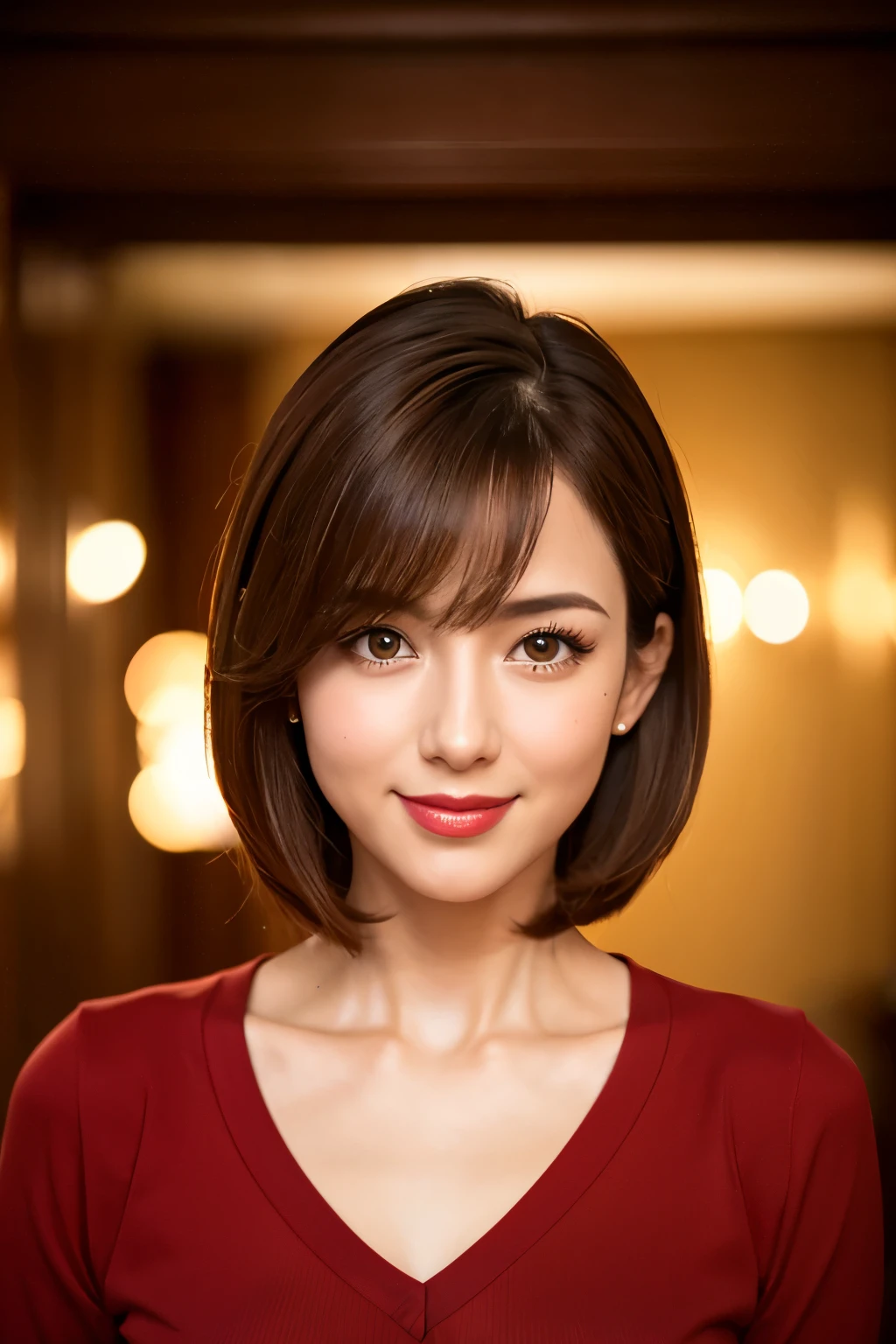 highest quality. Tabletop, 8k, Best image quality, One Woman, Perfect V-neck long knit red sweater, Waist up upper body shot, (Look forward), Red eyeshadow, Perfect Makeup, Long eyelashes, Ultra HD Shining Eyes, Ultra HD Hair, Ultra High Resolution Glossy Lips, Ultra HD cute face, Brown Hair, Very short straight hair, Look at me and smile, clavicle, Accurate anatomy, Face close-up, Luxury Love Hotel, The most atmospheric and warm lighting, Blurred Background, (View your viewers)