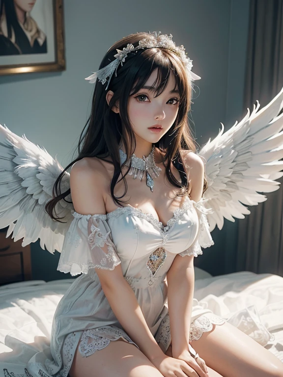 Anime girl with angel wings sitting on a bed of feathers, Beautiful angel, of an beautiful Angel Girl, of Beautiful angel, Gweitz on pixiv artstation, Gweitz, portrait of a Beautiful angel, Gweitz on artstation pixiv, Angelic Face, Angel Girl, Detailed digital anime art, artwork in the style of Gweitz