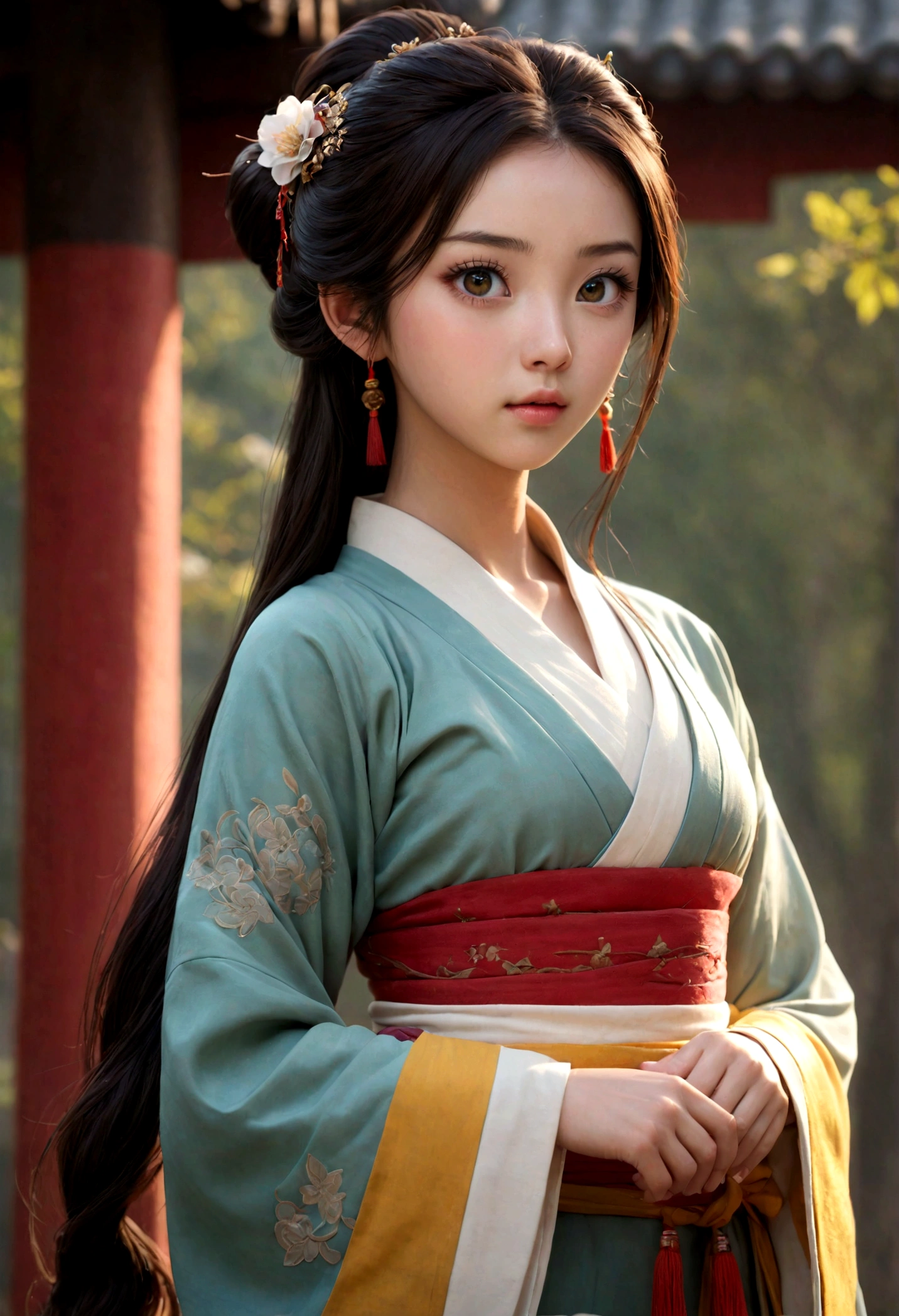 ulzzang-6500-v1.1, (raw photo: 1.2), (photorealistic: 1.4)) best quality, beautiful, beautiful, beautiful, extremely detailed, CG, unity,8k amazing wallpaper, beautiful detail, masterpiece, best quality, official art, very detailed CG unity 8k wallpaper, ridiculous, unbelievably ridiculous, huge file size, super detailed, high resolution, very detailed, beautiful detailed girl, very detailed eyes and face, beautiful detailed eyes, movie lighting, 1 girl, perspective, looking at the audience, full body, full body photo, outdoors, hands behind your back, (Hanfu)