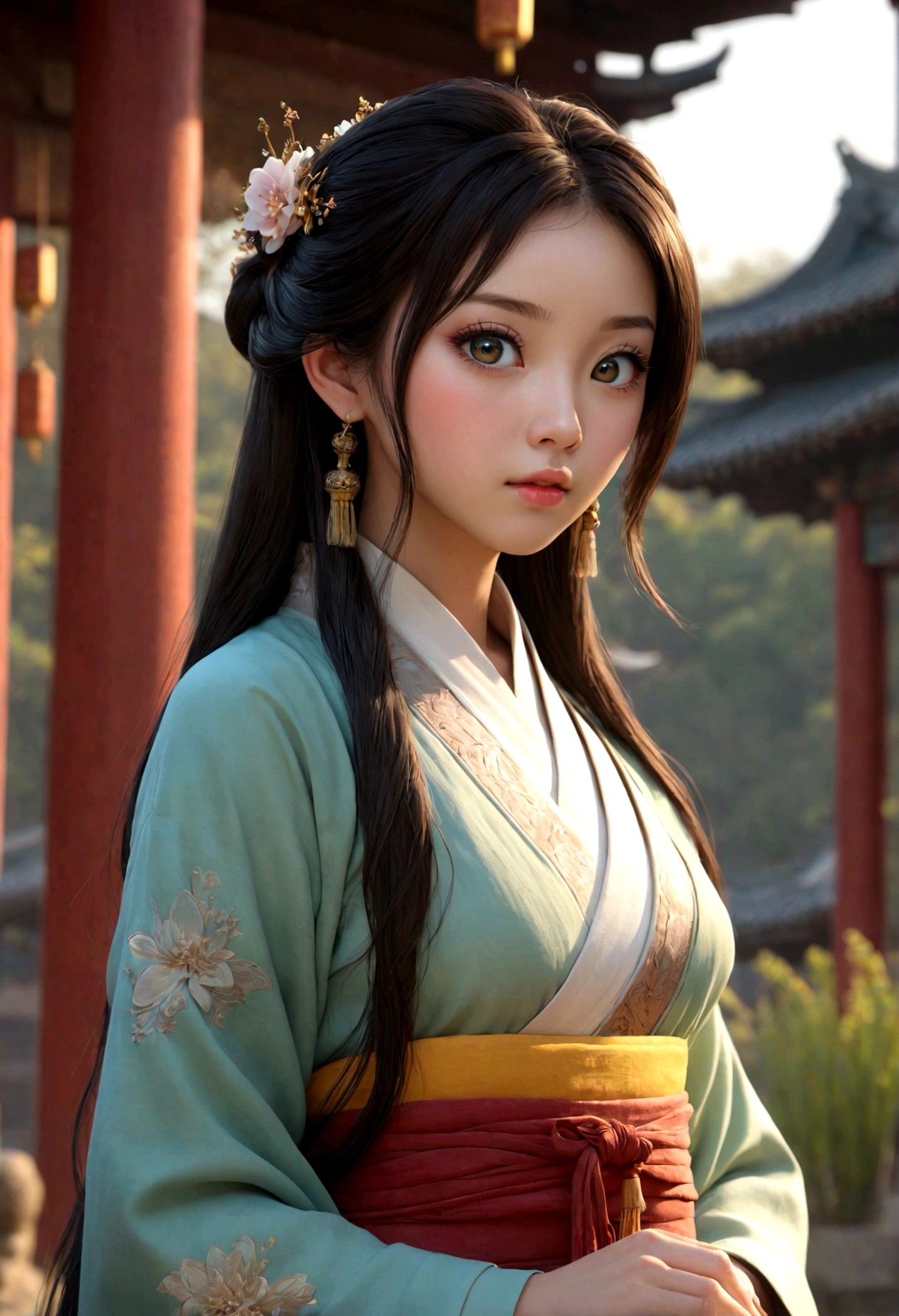 ulzzang-6500-v1.1, (raw photo: 1.2), (photorealistic: 1.4)) best quality, beautiful, beautiful, beautiful, extremely detailed, CG, unity,8k amazing wallpaper, beautiful detail, masterpiece, best quality, official art, very detailed CG unity 8k wallpaper, ridiculous, unbelievably ridiculous, huge file size, super detailed, high resolution, very detailed, beautiful detailed girl, very detailed eyes and face, beautiful detailed eyes, movie lighting, 1 girl, perspective, looking at the audience, full body, full body photo, outdoors, hands behind your back, (Hanfu)