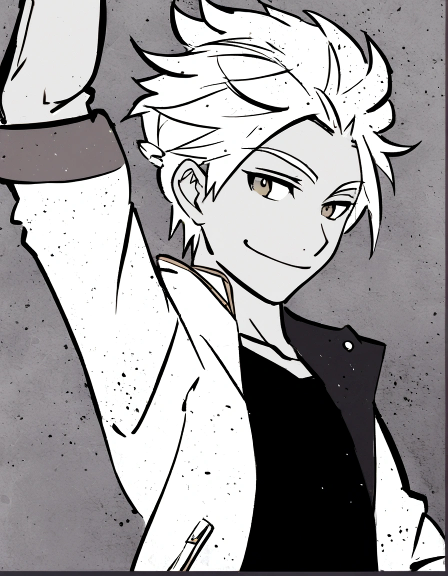 male boy, white hair, smile, arm raised, white jacket open, manga style