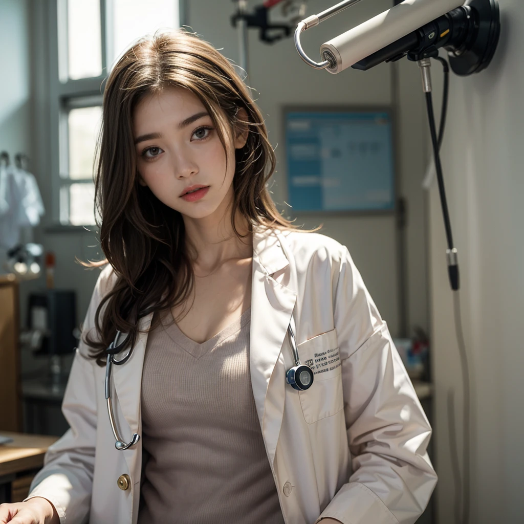 (((HD photo))), ultra high res.photorealistic:. 1.4, UHD, masterpiece, trending on artstation, portrait, extreme closeup of face, 1girl, pretty, cute face, most beautiful in the world, soft, delicate, ( long red hair), (wearing white doctor coat:1.2), stethoscope:1.4, sunkissed, hospital ward background, bokah, sfw