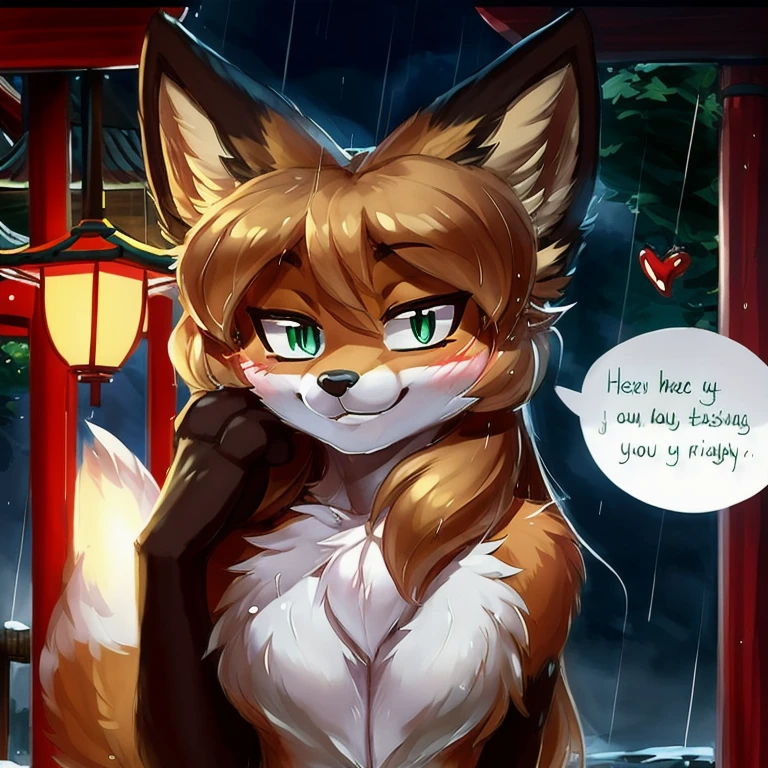 uploaded the e621, beautiful and detailed, woman (((female))) ((anthro)) Fox, (Averi, Fox girl), cinematic lighting, Fox, (anthro, fluffy fur), anthro fox girl, body fur, curvy, sexy, nice, cute, hot, comfortable anime-style cartoon-style, digital drawing, SFW, flat chest, chest fluff, blushing, green eyes, sassy, sassy hips, cute friendly smile, rainy, japanese shrine, wet fur, night, heart, hearts, speech bubble, looking at viewer, close up, hugging viewer, petting, nuzzling viewer, foxovh, zaush, Ross Tran, ruan jia