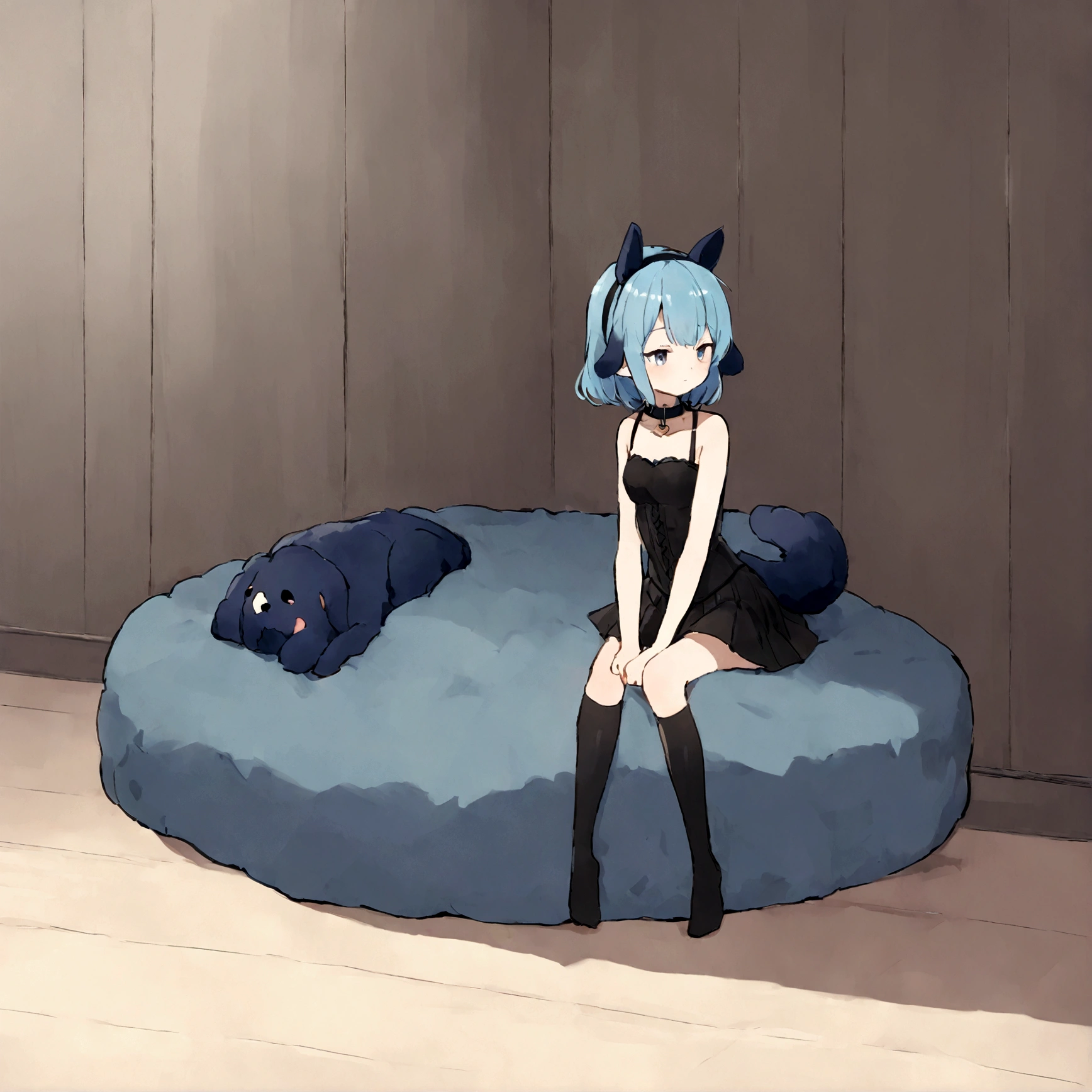 a sexy female with long blue hair, has fuzzy floppy puppy ears, has a puppy tail, wearing a black corset, wearing a black mini skirt, has a dark blue dog collar on, wearing cute thigh high socks, relaxing on knees, solo, alone, (SOLO)ALONE), no dogs, single girl, on knees, on a dog bed
