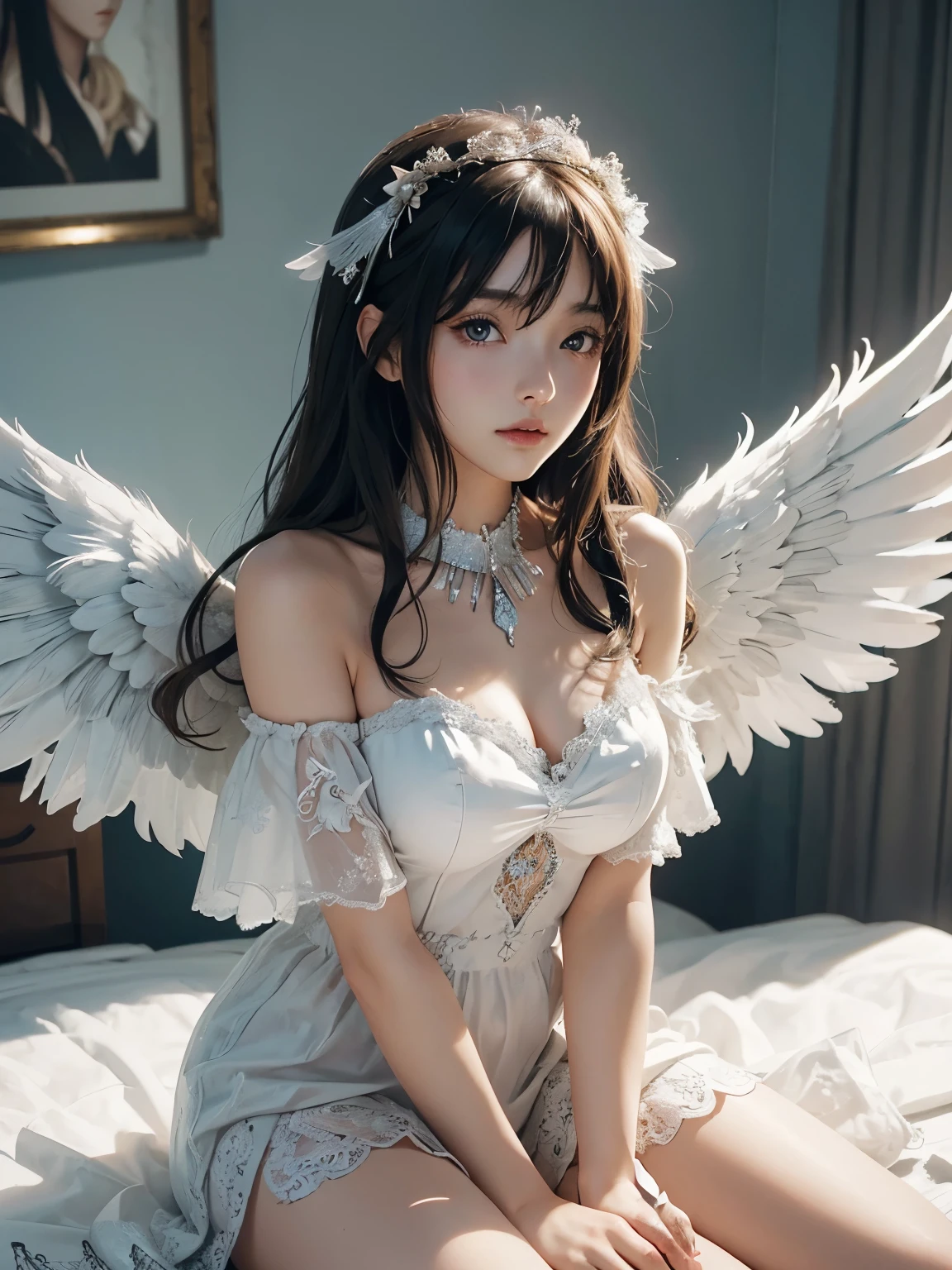 Anime girl with angel wings sitting on a bed of feathers, Beautiful angel, of an beautiful Angel Girl, of Beautiful angel, Gweitz on pixiv artstation, Gweitz, portrait of a Beautiful angel, Gweitz on artstation pixiv, Angelic Face, Angel Girl, Detailed digital anime art, artwork in the style of Gweitz