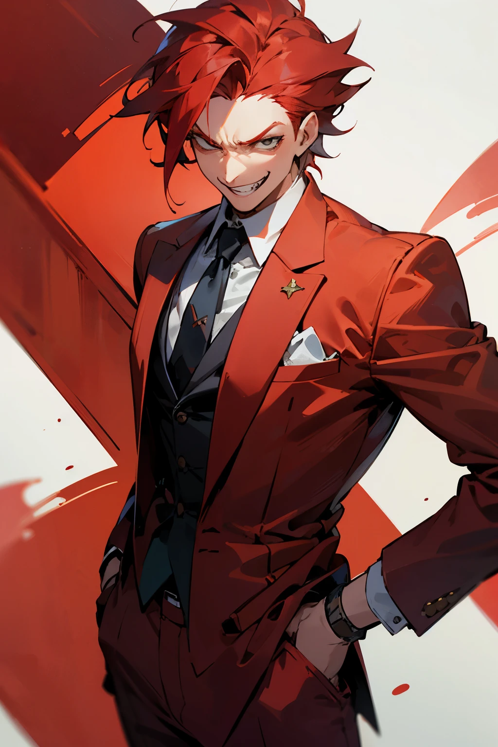 ((best quality)), ((masterpiece)), (detailed), 1boy, red business suit, red hair, pointy teeth, evil grin