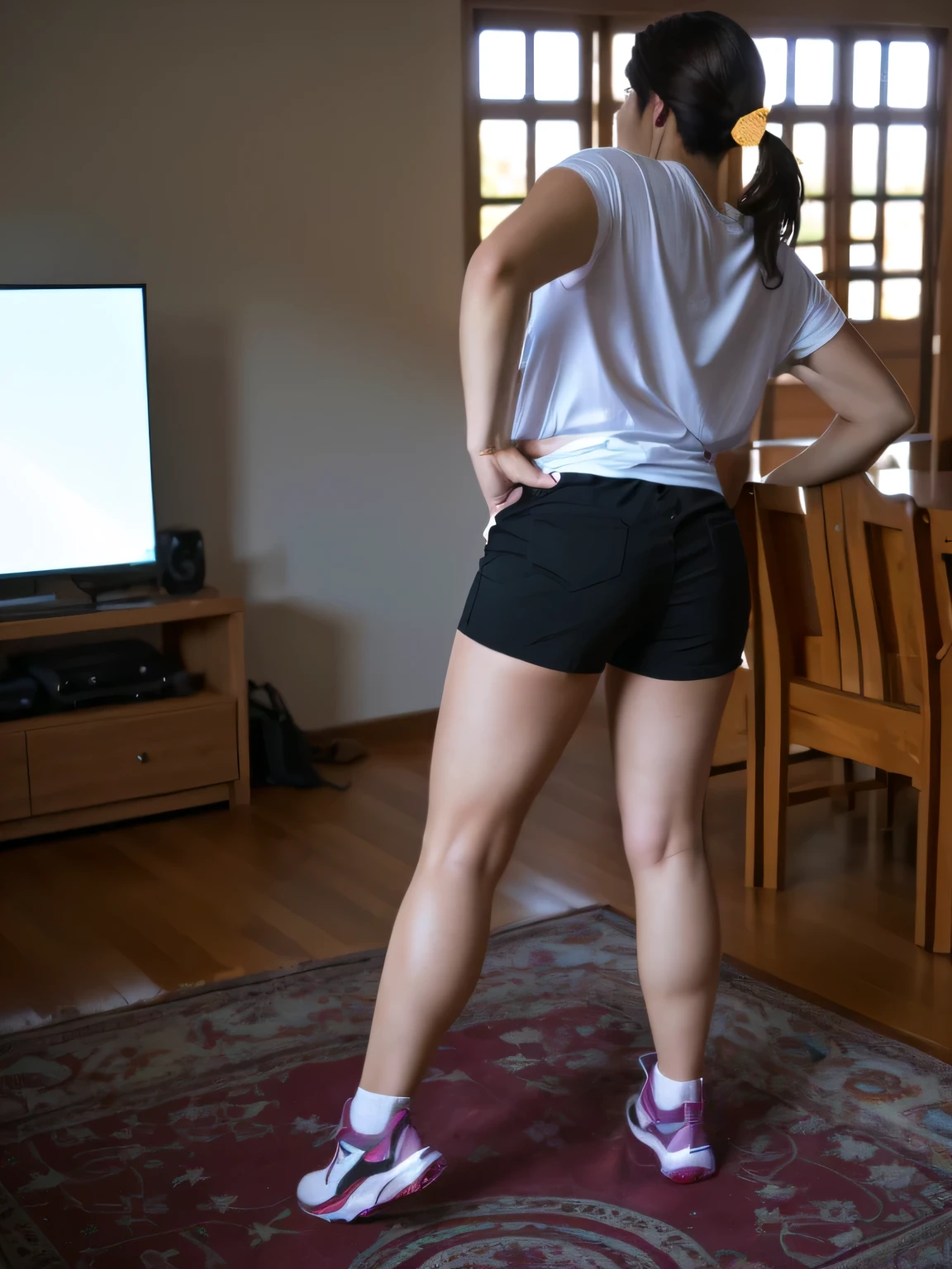 there is a woman standing in a living room playing video games, shot from the back, shot from the back, long kick from behind, long kick from behind, back and standing, back pose, rear shot, leg and hip shot, shot from the back, back shot, back, full body centered, rear shot, legs and arms, rear view!!

She is wearing a white t-shirt and black shorts, tight and short shorts.

She is a beautiful woman, with white skin and dark brown hair. She is about 45 years old, 165 cm tall and weighs 56 kg. She has a perfect mouth, medium breasts, a perfect face. Her body exudes glamor and her face is a definition of beauty. Slender body, thin waist. Highly realistic, hyperrealism, very elaborate skin, perfect face. Clear photo, high resolution, high quality, masterpiece, 16K photo, high contrast, masterpiece, NUDE, NUDITY, NFSW.