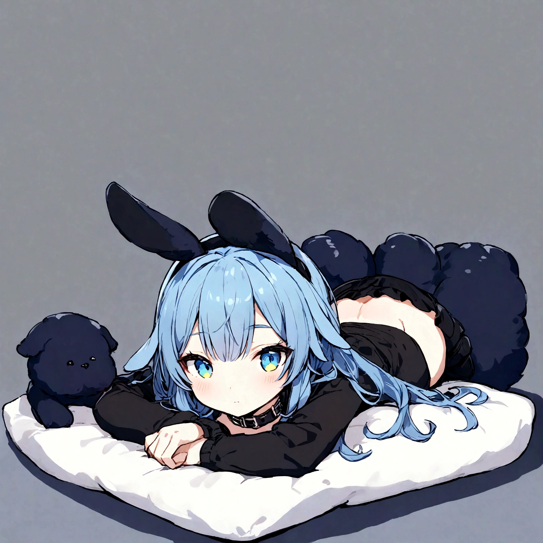 a sexy female with long blue hair, has fuzzy floppy puppy ears, has a puppy tail, wearing a black corset, wearing a black mini skirt, has a dark blue dog collar on, wearing cute thigh high socks, relaxing on knees, solo, alone, (SOLO)ALONE), no dogs, single girl, on knees, on a dog bed