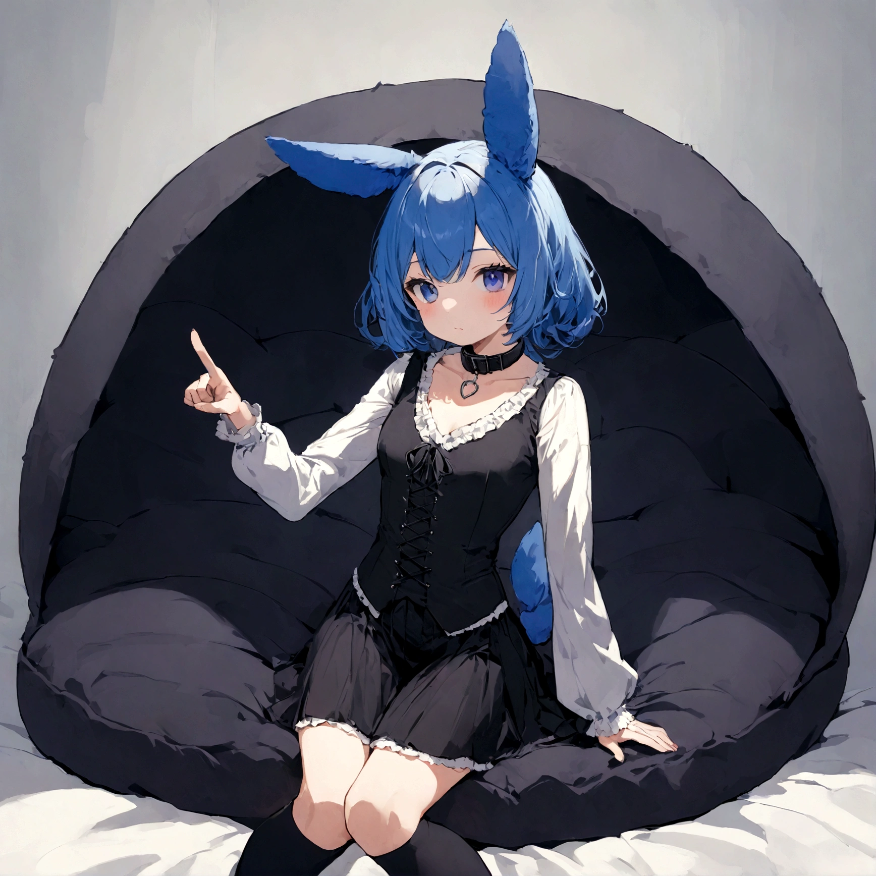 a sexy female with long blue hair, has fuzzy floppy puppy ears pointing front, has a puppy tail, wearing a black corset, wearing a black mini skirt, has a dark blue dog collar on, wearing cute thigh high socks, relaxing on knees, solo, alone, (SOLO)ALONE), no dogs, single girl, on knees, on a dog bed