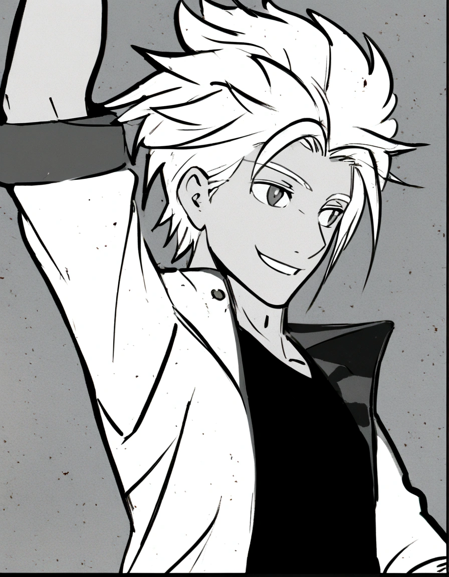 male boy, white hair, smile, arm raised, white jacket open, manga style