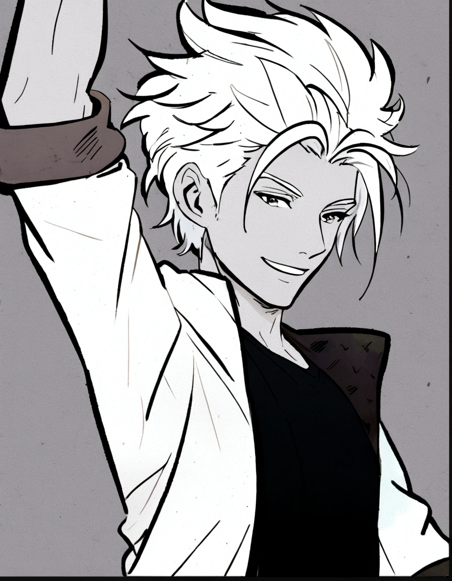 male boy, white hair, smile, arm raised, white jacket open, manga style
