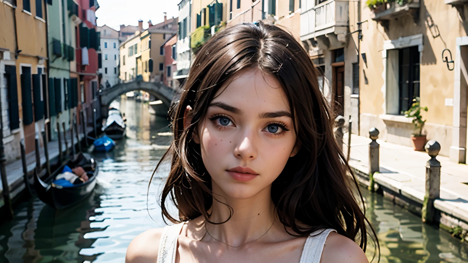35mm film, solo, updo, makeup, blue eyes, small tits, (white dress), green skirt, looking at viewer, epiCPhoto,focus on face, close to viewer, intricate lines, canals, bridges, venice, sharp magnificent details, delicate features, elaborate details, beautiful girl, black hair, (long hair) eighteen years old woman, ((upper body)) (Acne), ((natural lighting))