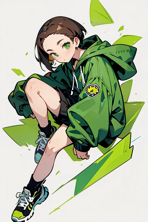 eye, exposed ,15 years old、juvenile, Forehead、 green_eye, Brown_hair, Hello, have, Jacket、hoodie、Shoulder Bare、Large hood、sneakers、Brownのhair, Shorts、feet、Thighs、white background, full body