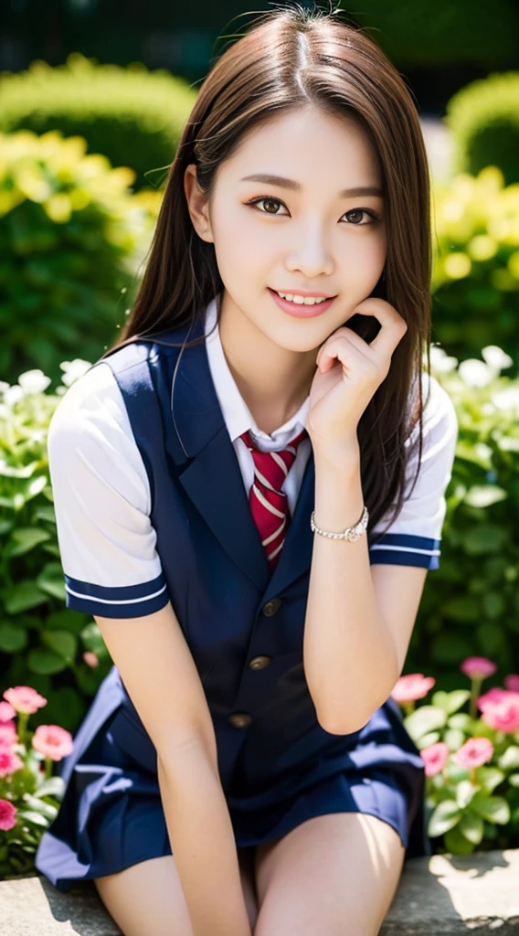 (((full bodyesbian)))、((Girls' High School Uniforms))、((1a person))、short-hair、Close to the subject、((a chool flower beds)))、(((ssmile)))、(((Girls' High School)))、((a beauty girl))、((sexy pose))、Photorealsitic、Beautiful detailed eyes、Hyper-Realism、highcontrast、Ultra HD、realistic skin textures、Top image quality、top-quality、超A high resolution、Fine details、Very meticulously