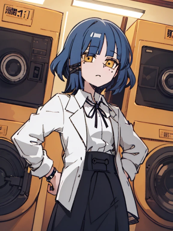 best quality, masterpiece, high resolution, alone, {Yamada_that_Boch Thurrock:1.15}, blue_hair, short_hair, forehead, mole_Exist下面_eye, mole, yellow_eyes, hair_decoration, closure_mouth, hairclip, 1 girl, Black color_ribbon, Collar attachment_shirt, neck_ribbon, ribbon, shirt, White_shirt, watching_Exist_audience, Poker Face