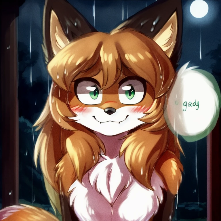 uploaded the e621, beautiful and detailed, woman (((female))) ((anthro)) Fox, (Averi, Fox girl), cinematic lighting, Fox, (anthro, fluffy fur), anthro fox girl, body fur, curvy, sexy, nice, cute, hot, comfortable anime-style cartoon-style, digital drawing, SFW, flat chest, chest fluff, blushing, green eyes, sassy, sassy hips, cute friendly smile, rainy, japanese shrine, wet fur, night, heart, hearts, speech bubble, looking at viewer, close up, hugging viewer, petting, nuzzling viewer, foxovh